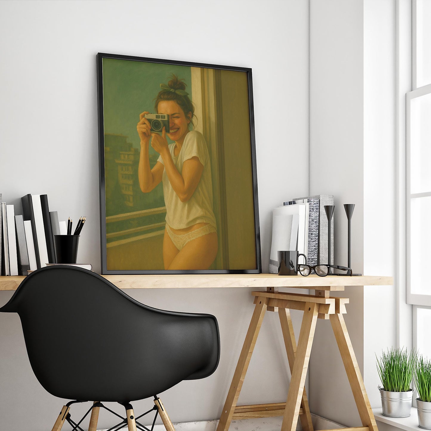 Retro Photography Poster – Smiling Girl Artwork with Vintage Camera Art