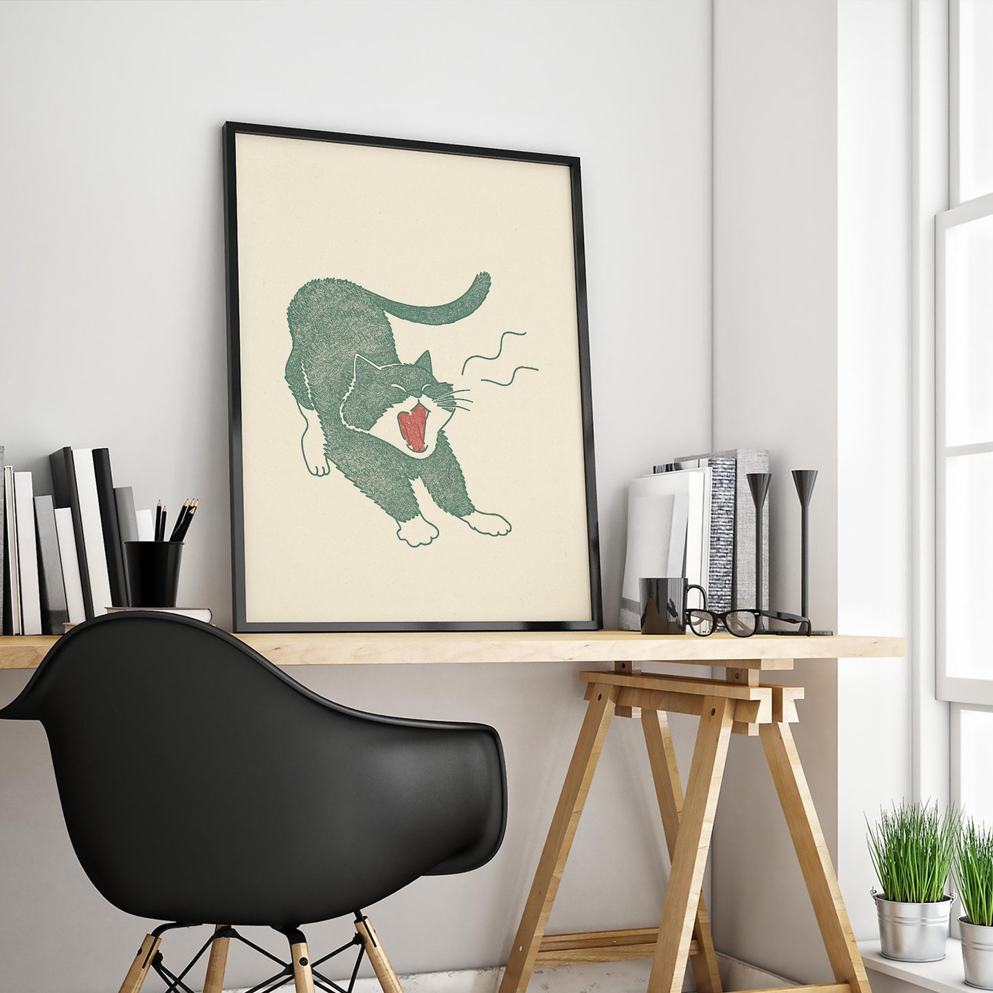 Morning Stretch Cat – Minimal Line Art Poster, Playful Vintage Illustration