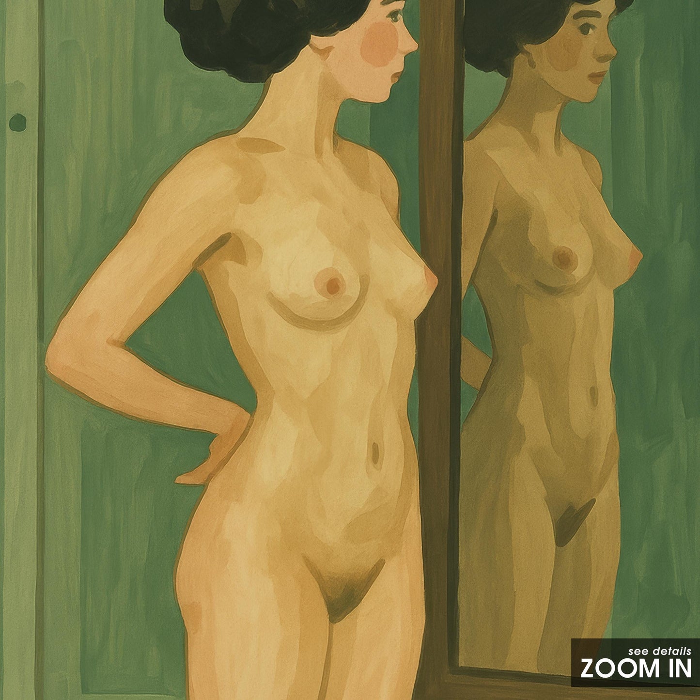 Feminine Nude Wall Art – Woman Mirror Poster With Calming Green Tones