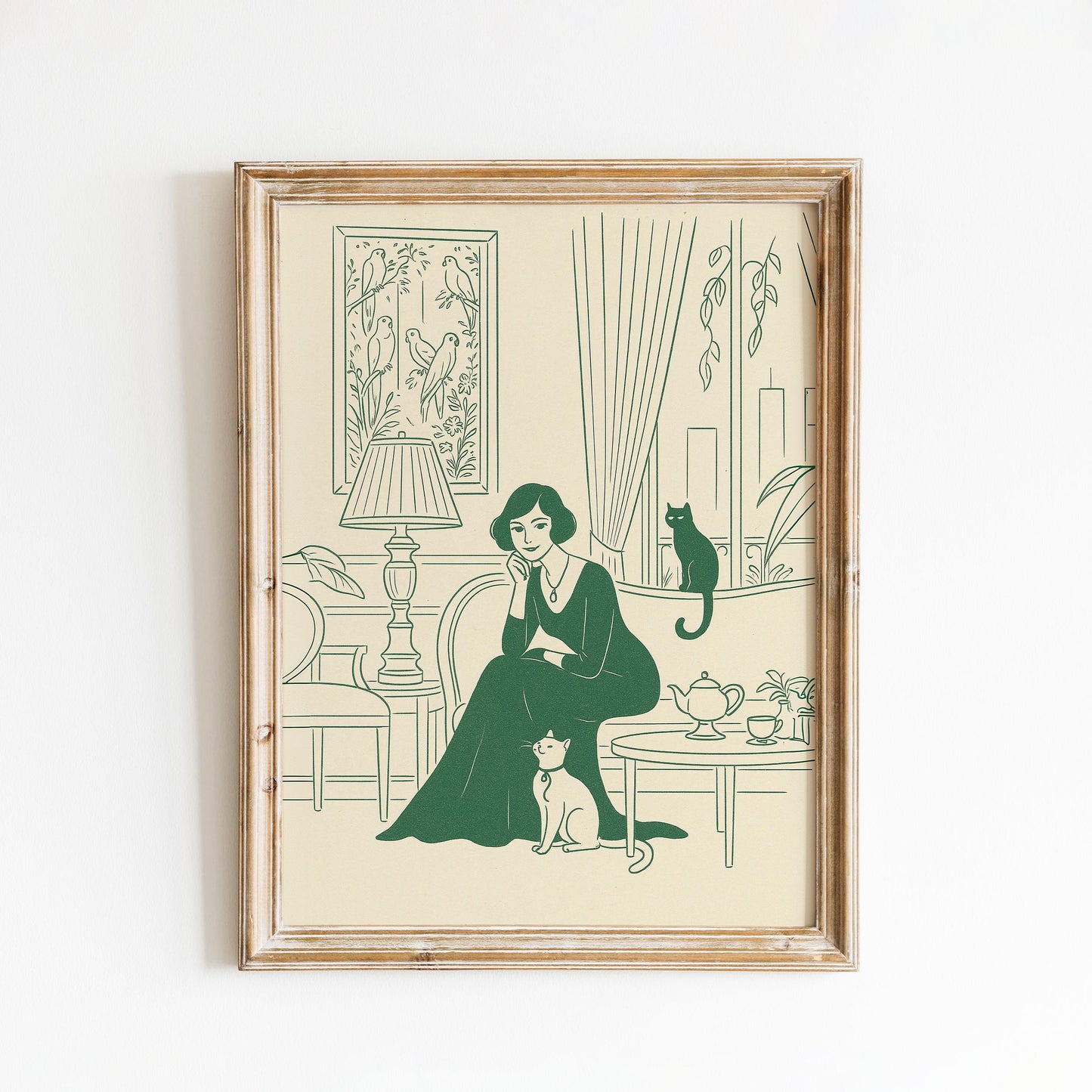 Afternoon Tea – Elegant Woman with Cats Line Art Poster, Vintage Minimal Illustration