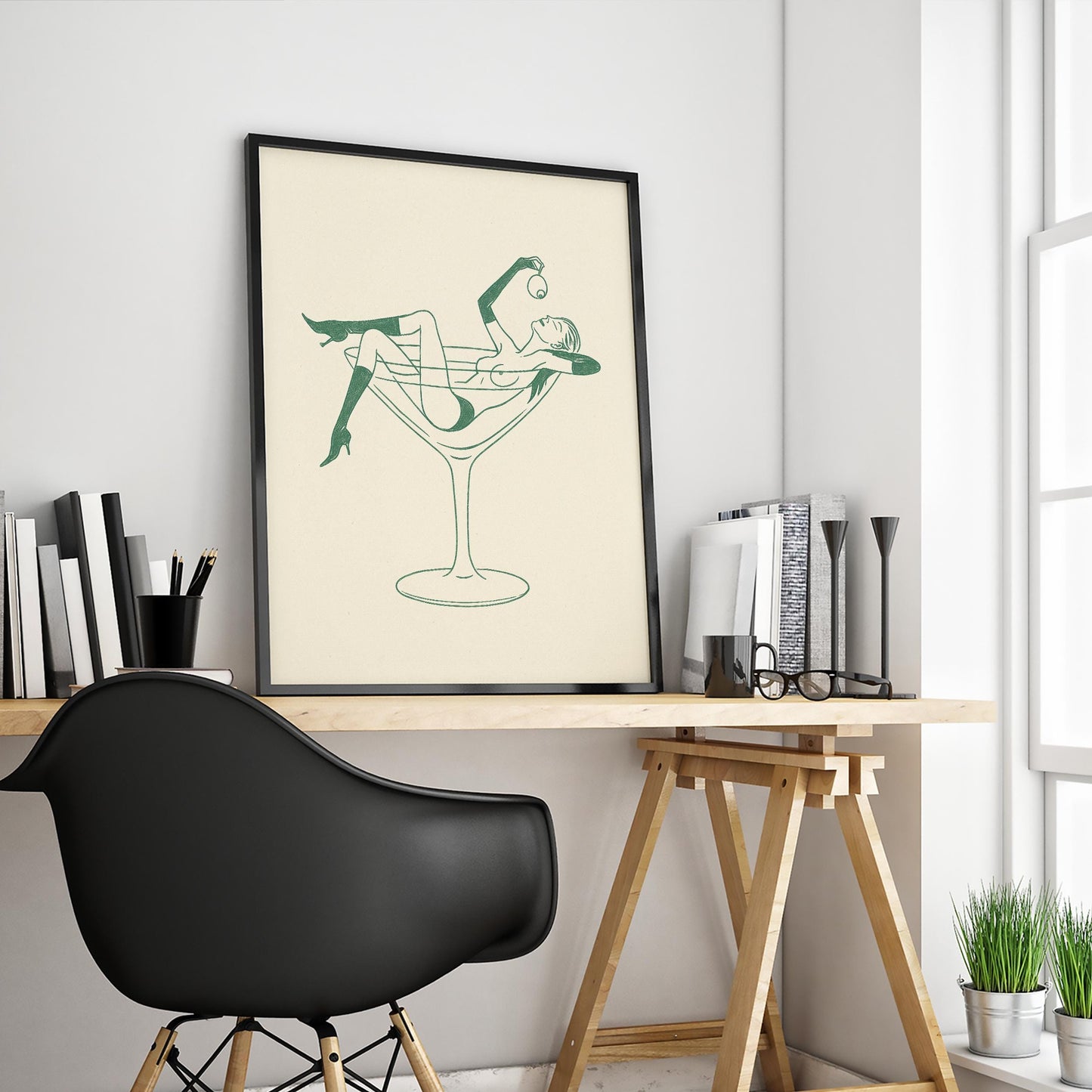 Martini Girl Line Art Print – Minimalist Retro Poster, Feminine Bar Wall Art