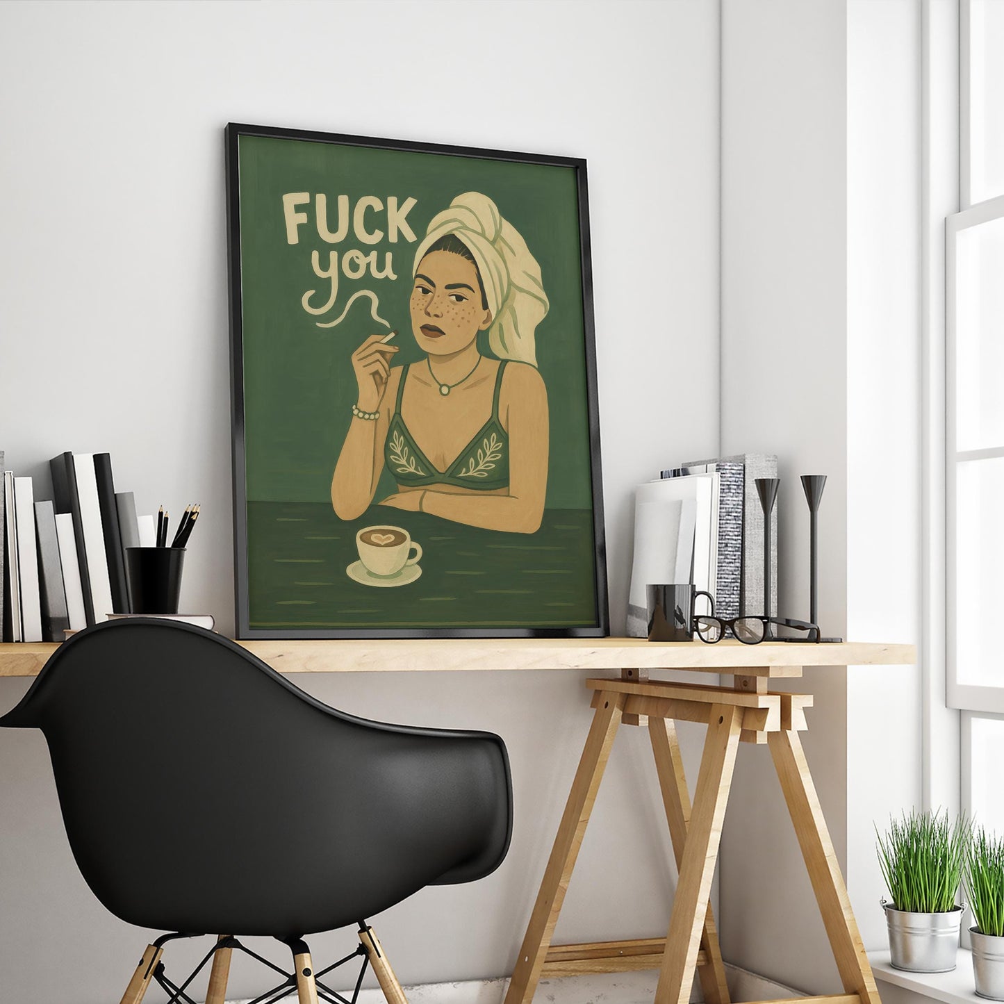 Bold Feminine Poster – Retro Wall Art With Coffee Smoking Attitude & Dark Feminine Energy