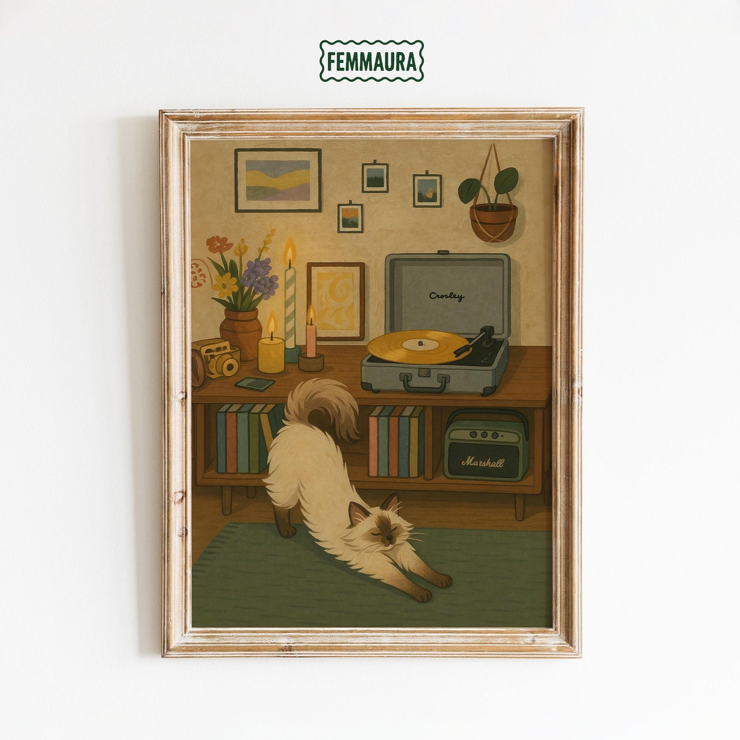 Cozy Cat Art Print – Vintage Vinyl Print | Gouache Illustration, Warm Aesthetic Poster