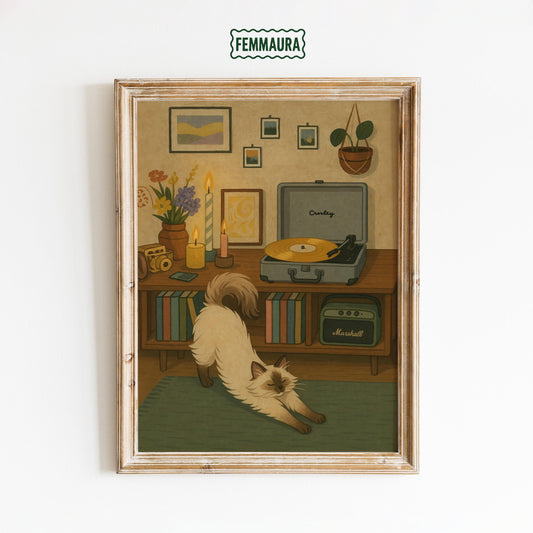 Cozy Cat Art Print – Vintage Vinyl Print | Gouache Illustration, Warm Aesthetic Poster