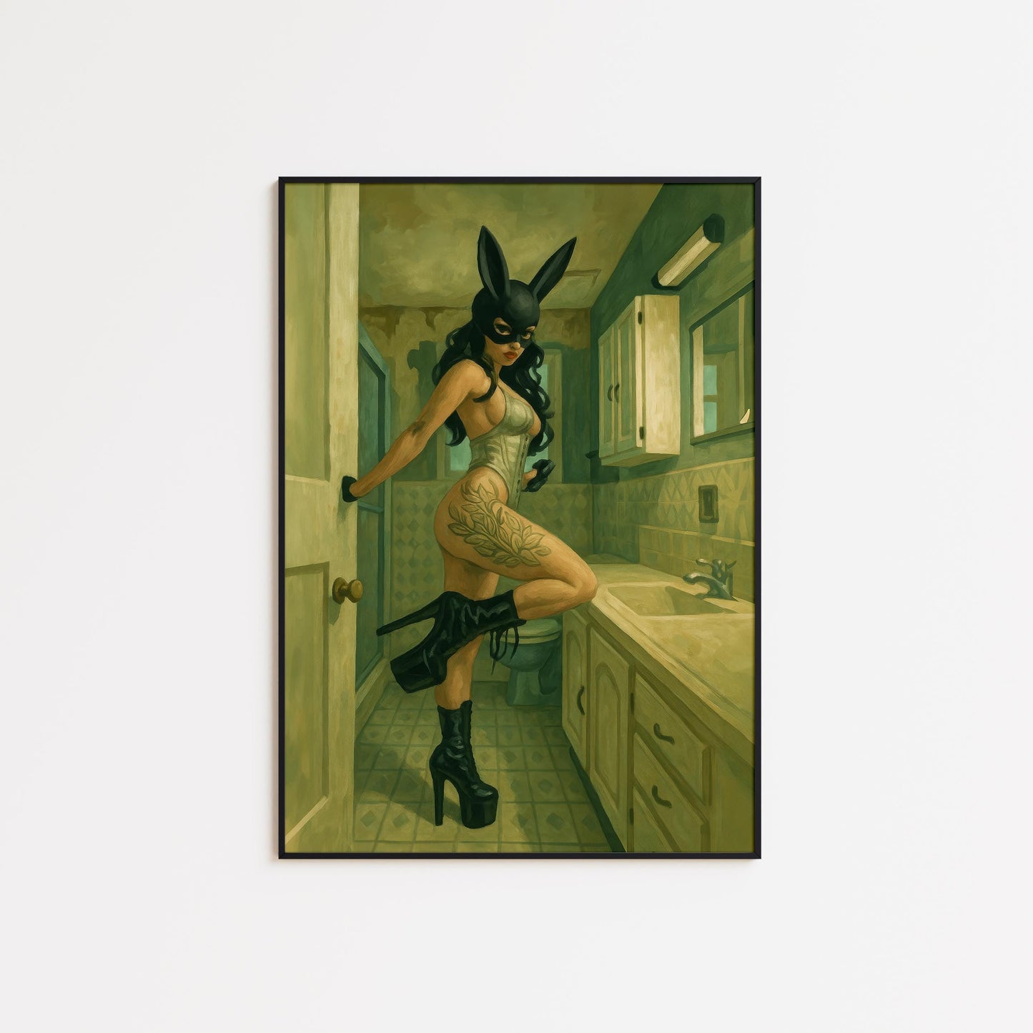 Bunny Mask Art Print – Bold Retro Woman Poster | Fetish Wall Art & Edgy Decor