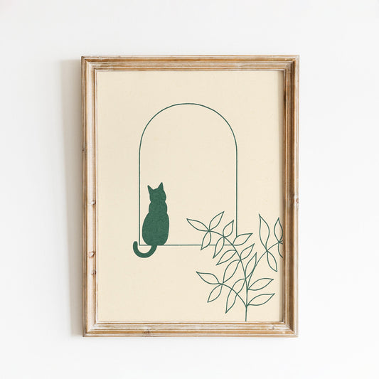 Arch Window Cat – Minimal Line Art Poster, Calm Scandinavian Wall Print