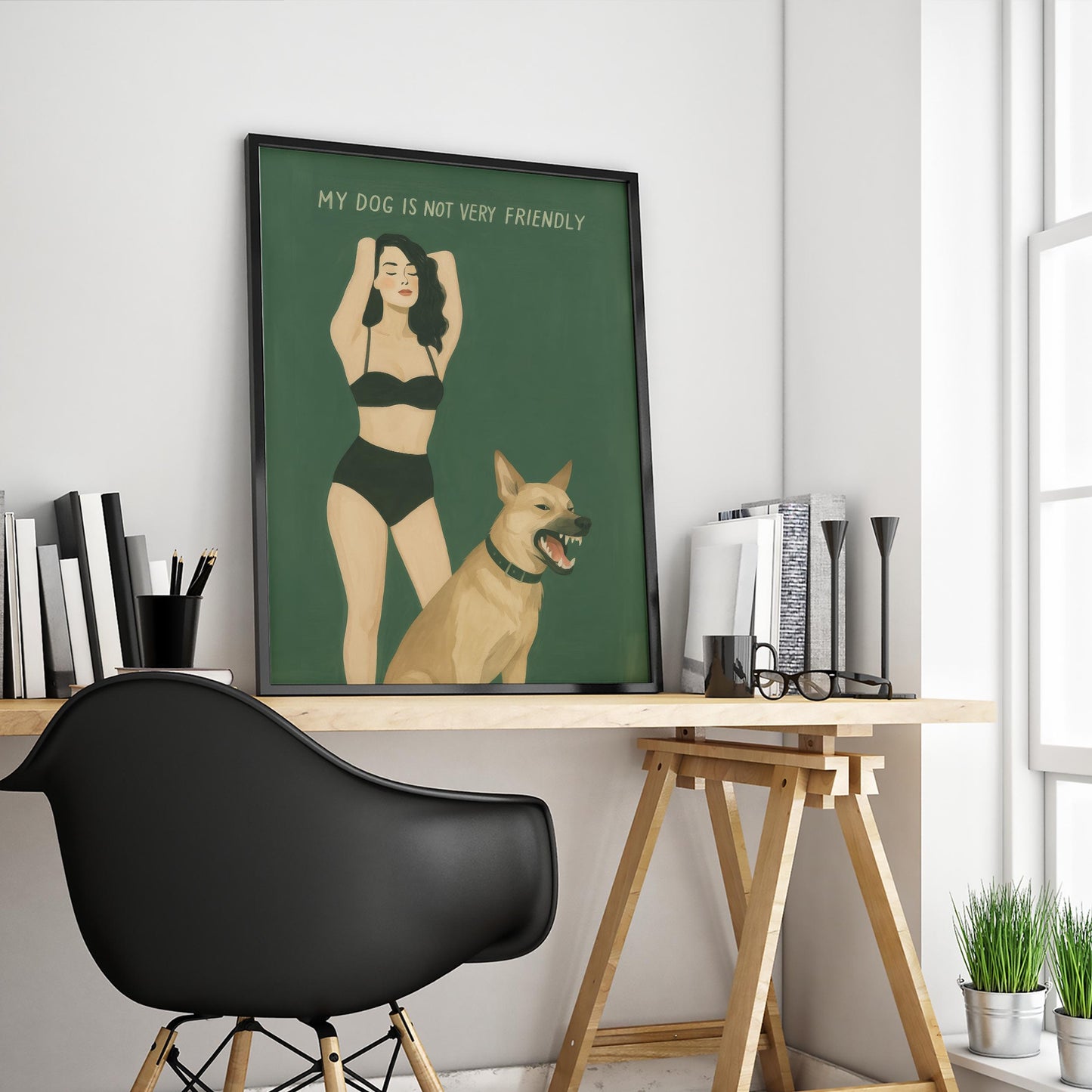 Dog Art Print – Bold Retro Woman & Protective Dog Illustration | Green Wall Decor