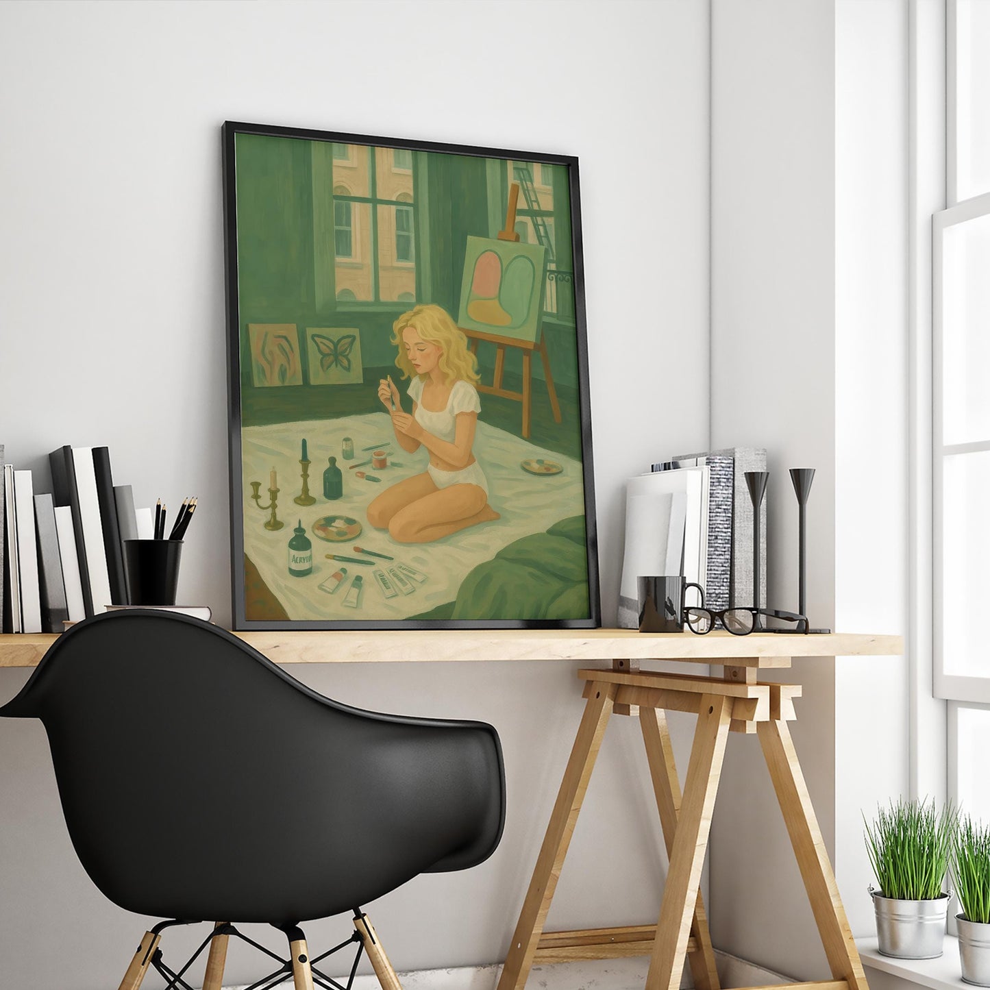 Feminine Wall Art – Girl Painting Print | Cozy Boho Art Decor for Creative Spaces