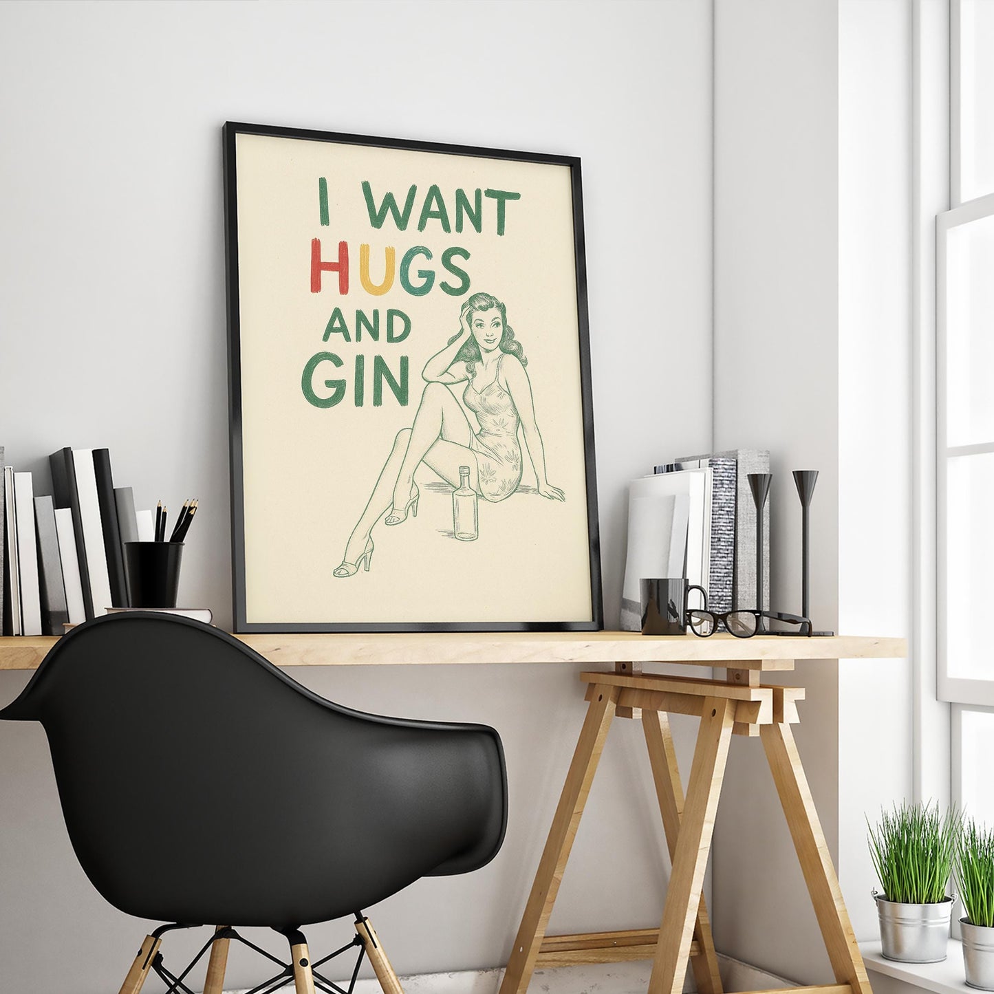 I Want Hugs and Gin Poster – Retro Pin-Up Bar Wall Art