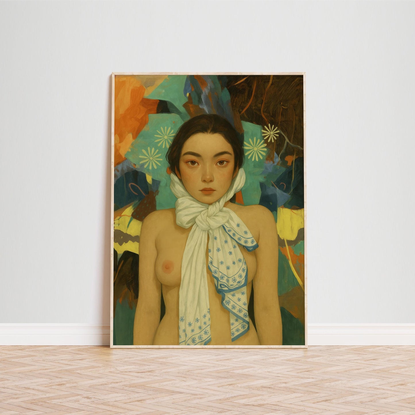 Surreal Nude Portrait – Feminine Art Print | Dreamy Scarf Fantasy Wall Decor