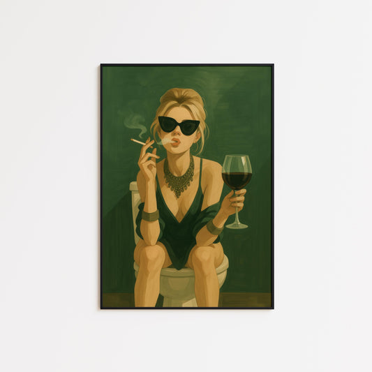 Glam Woman Poster – Feminine Wall Art | Smoking Wine Satire in Green Aesthetic