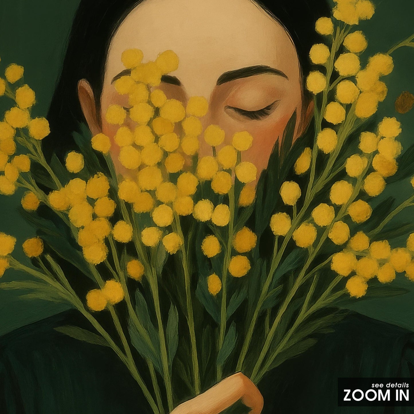 Minimal Floral Poster – Girl With Mimosa, Moody Green Yellow Print, Quiet Feminine Decor