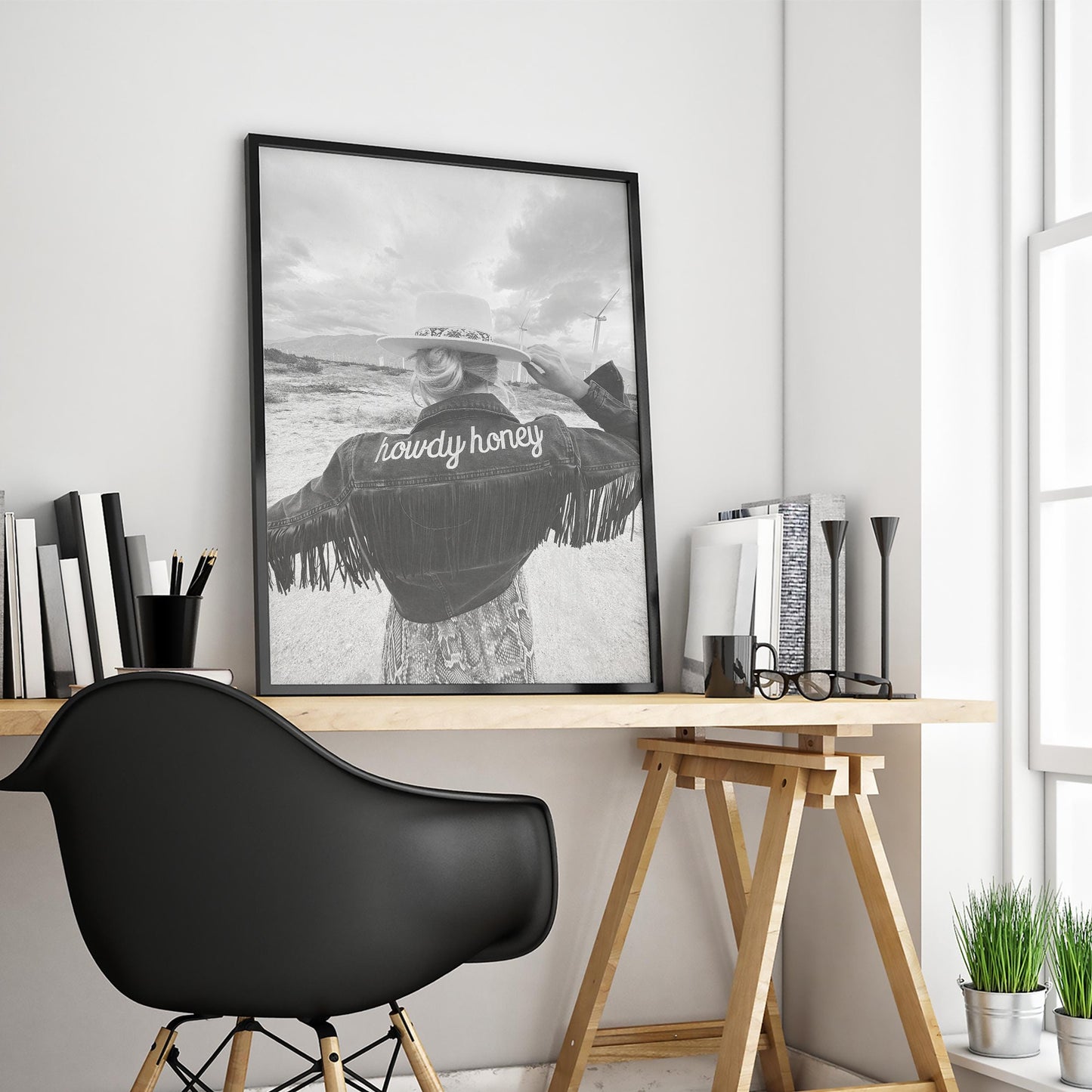 Howdy Honey Western Poster – Black & White Cowgirl Wall Art with Fringe Denim Jacket