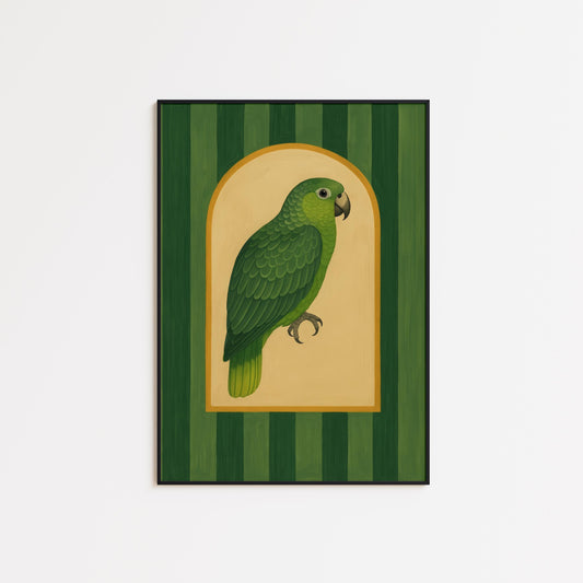 Green Parrot Wall Art – Vintage Jungle Bird Print With Striped Background