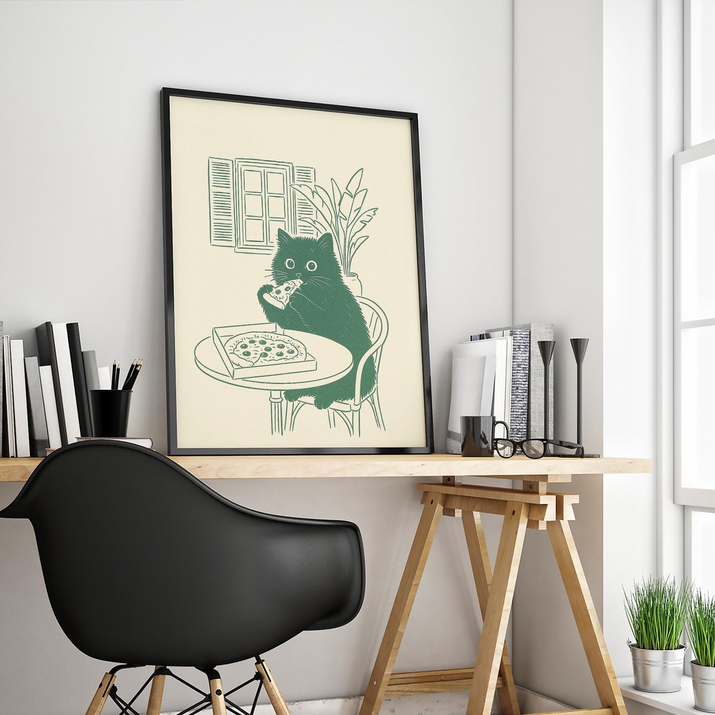 Cat Eating Pizza Poster – Funny Minimal Kitchen Wall Art