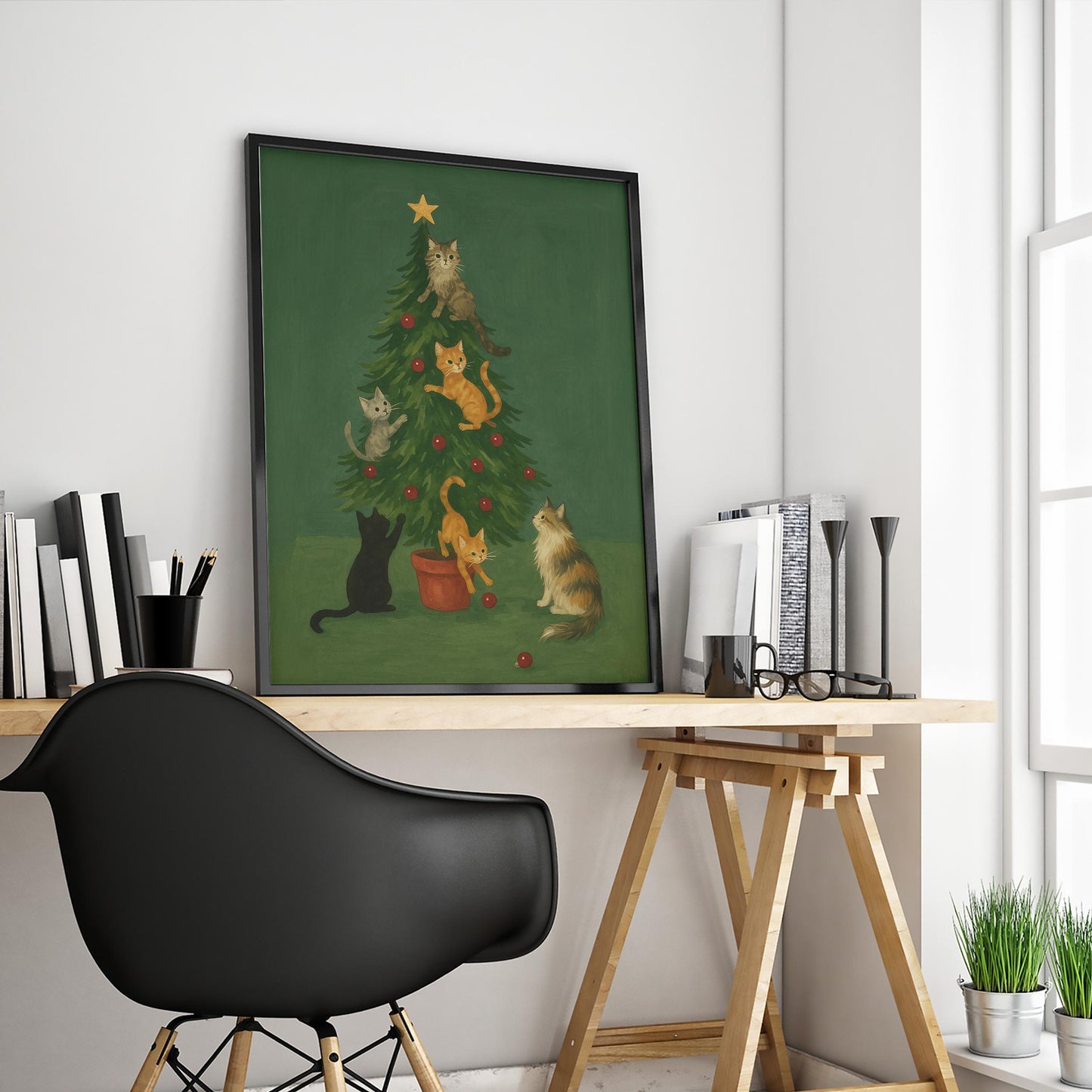 Christmas Cat Poster – Playful Multi-Cat Christmas Tree Holiday Wall Art