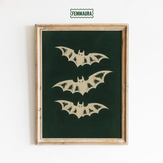 Vintage Bats Poster – Gothic Wall Art | Halloween Decor | Moody Green Bat Illustration