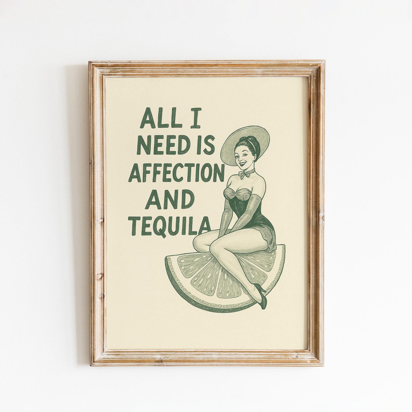 All I Need Is Affection and Tequila Poster – Retro Pin-Up Cocktail Art