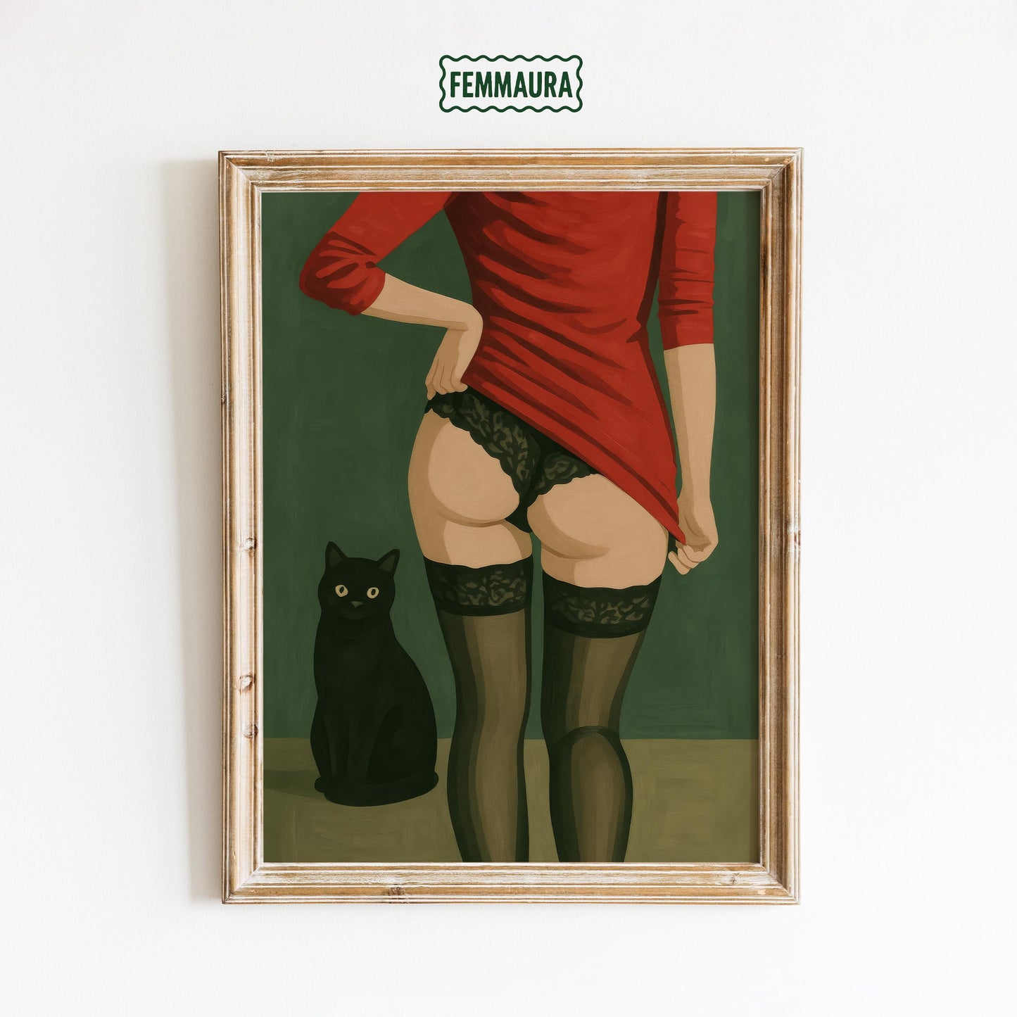 Black Cat Art Print – Retro Lingerie Illustration | Boudoir Wall Decor