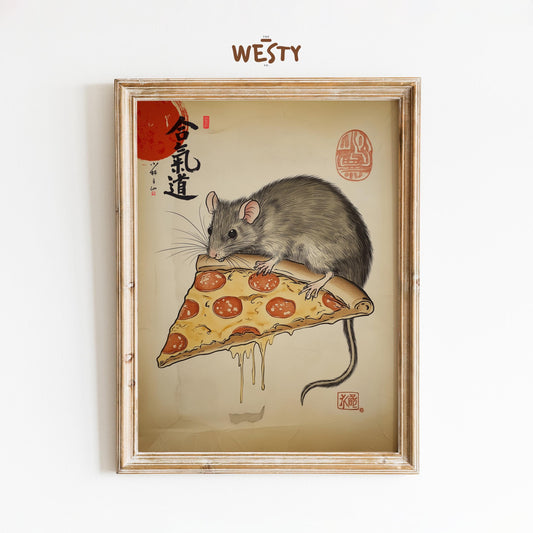 Samurai Rat & Pizza – Japanese Pop Fusion Art Print