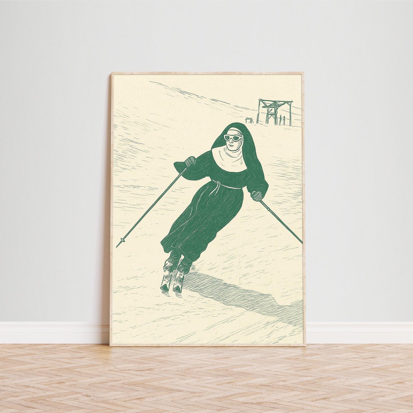 Skiing Nun Poster – Retro Humorous Wall Art, Minimal Green Line Print