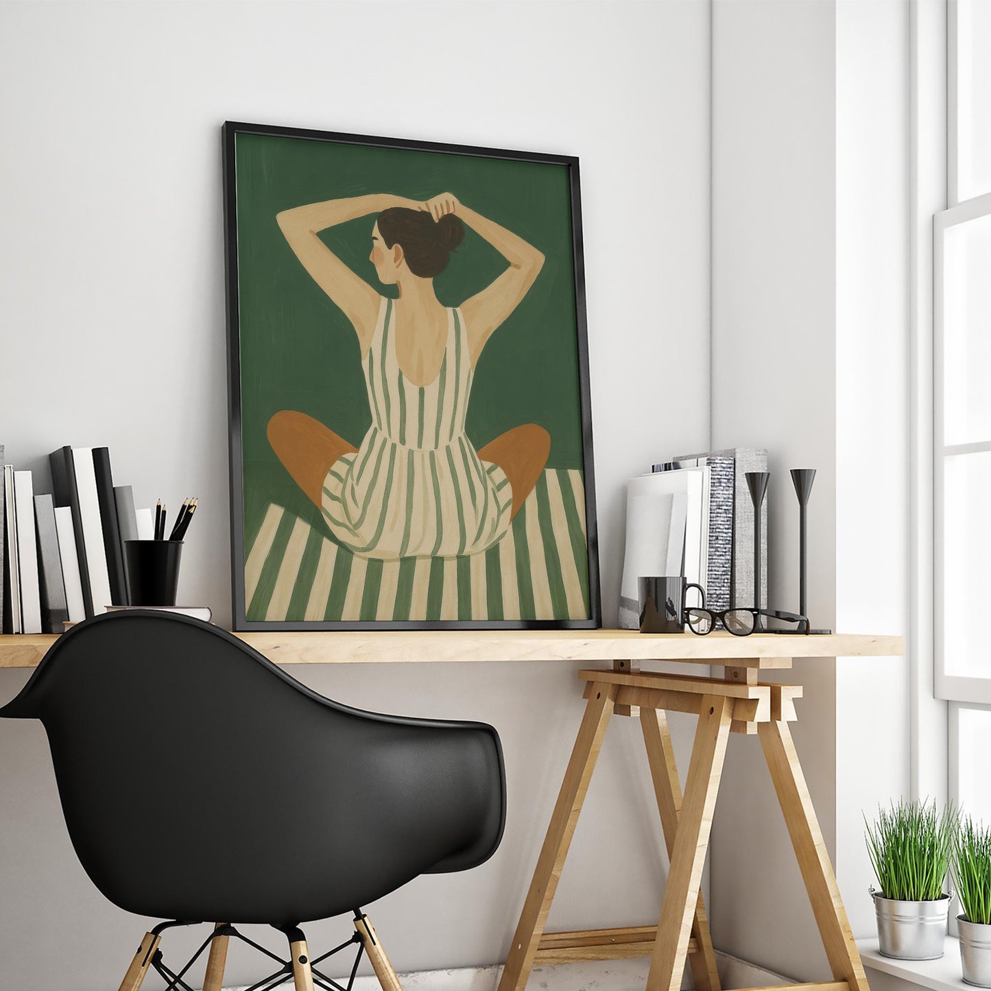 Modern Feminine Wall Art – Minimalist Green Figure Poster | Calming Yoga Decor