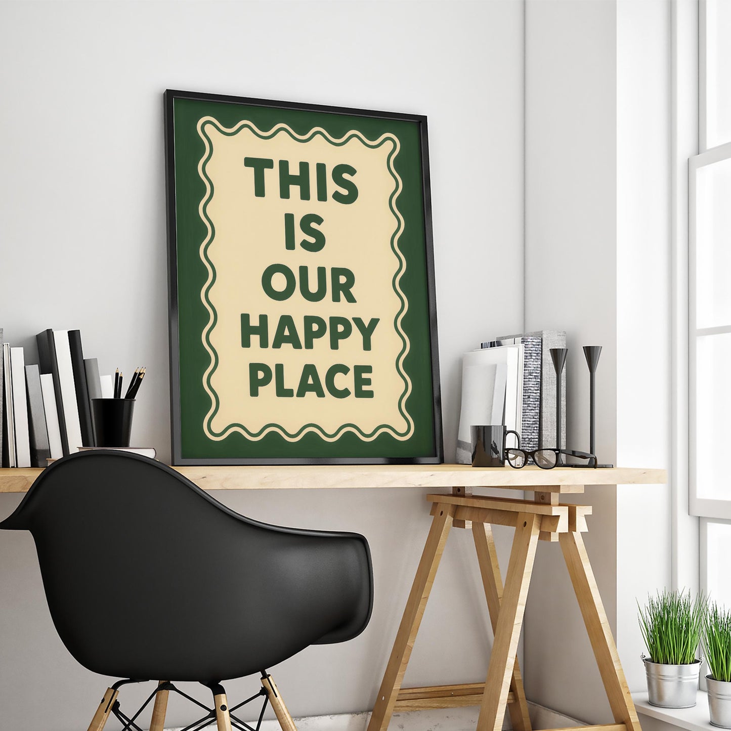 Retro Quote Print – Happy Place Poster With Wavy Frame Artwork & Vintage Wall Art