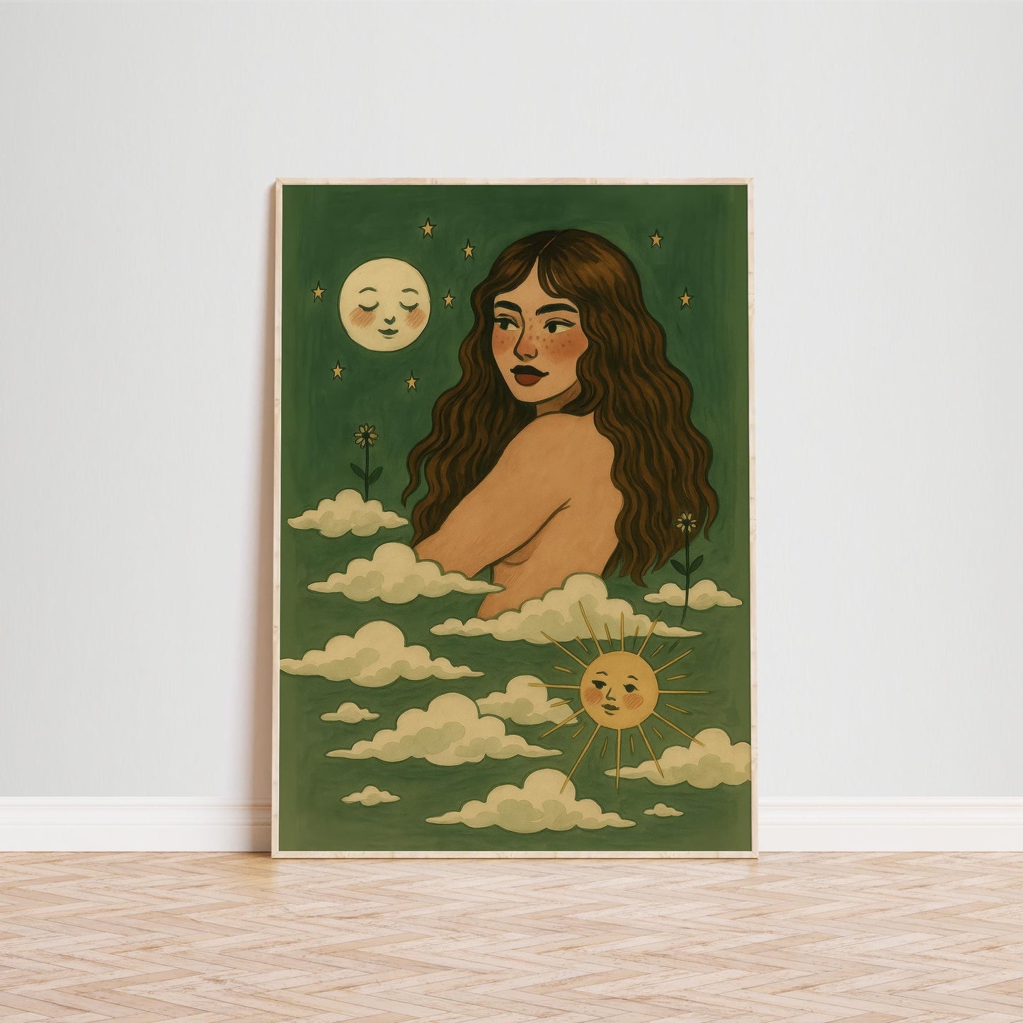 Sun and Moon Wall Art – Celestial Feminine Print With Green And Gold Palette