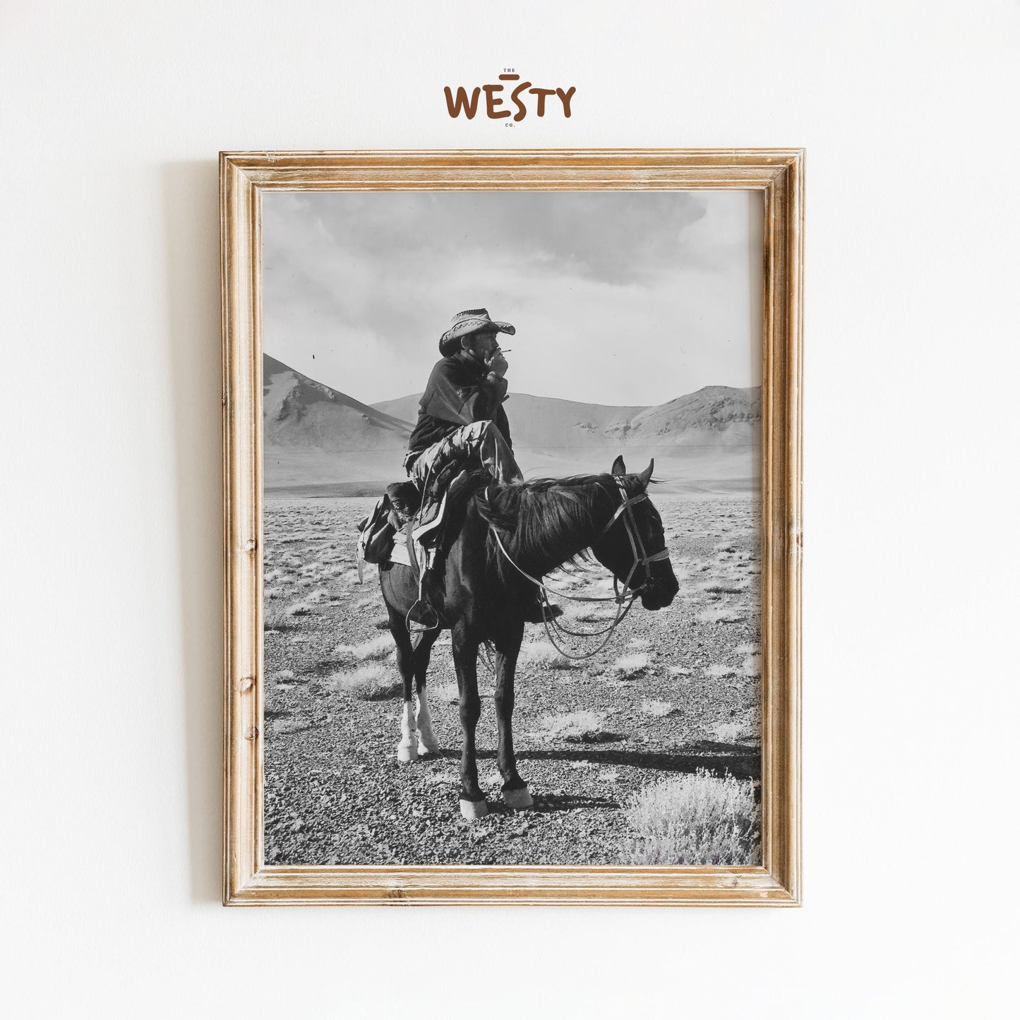 Solitary Cowboy on Horseback – Black and White Western Landscape Poster