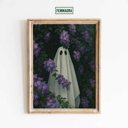 Gothic Nature Wall Art – Whimsical Ghost Floral Print for Dark Academia Decor