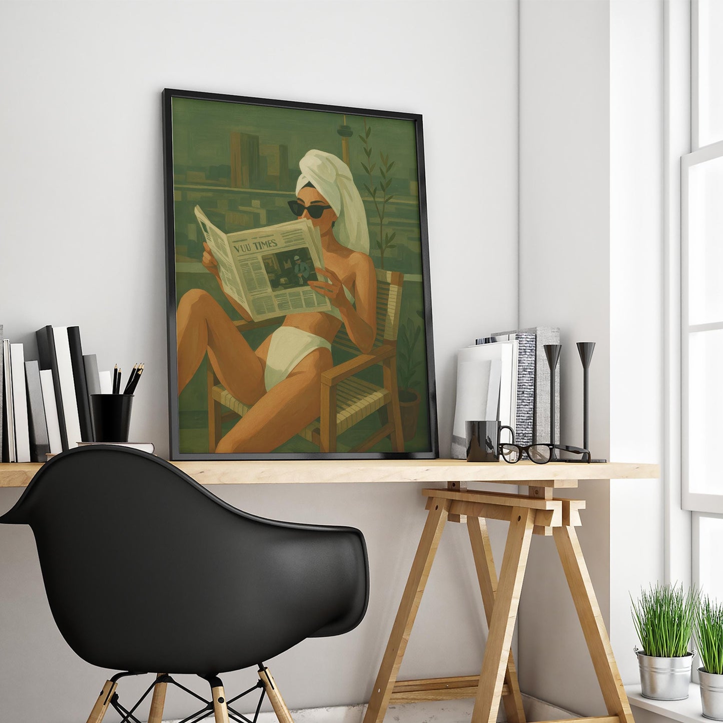 Modern Feminine Wall Art – Urban Balcony Art | Green Cityscape Poster Print