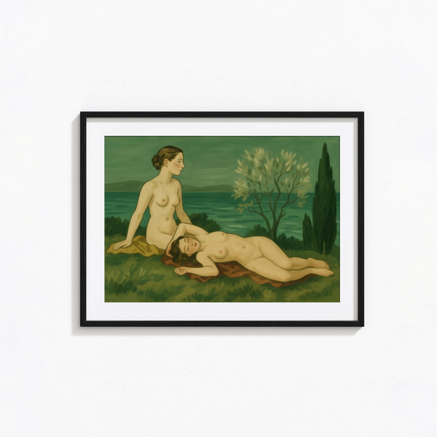 Romantic Feminine Art Print – Nude Women Painting With Soft Green Forest Wall Decor