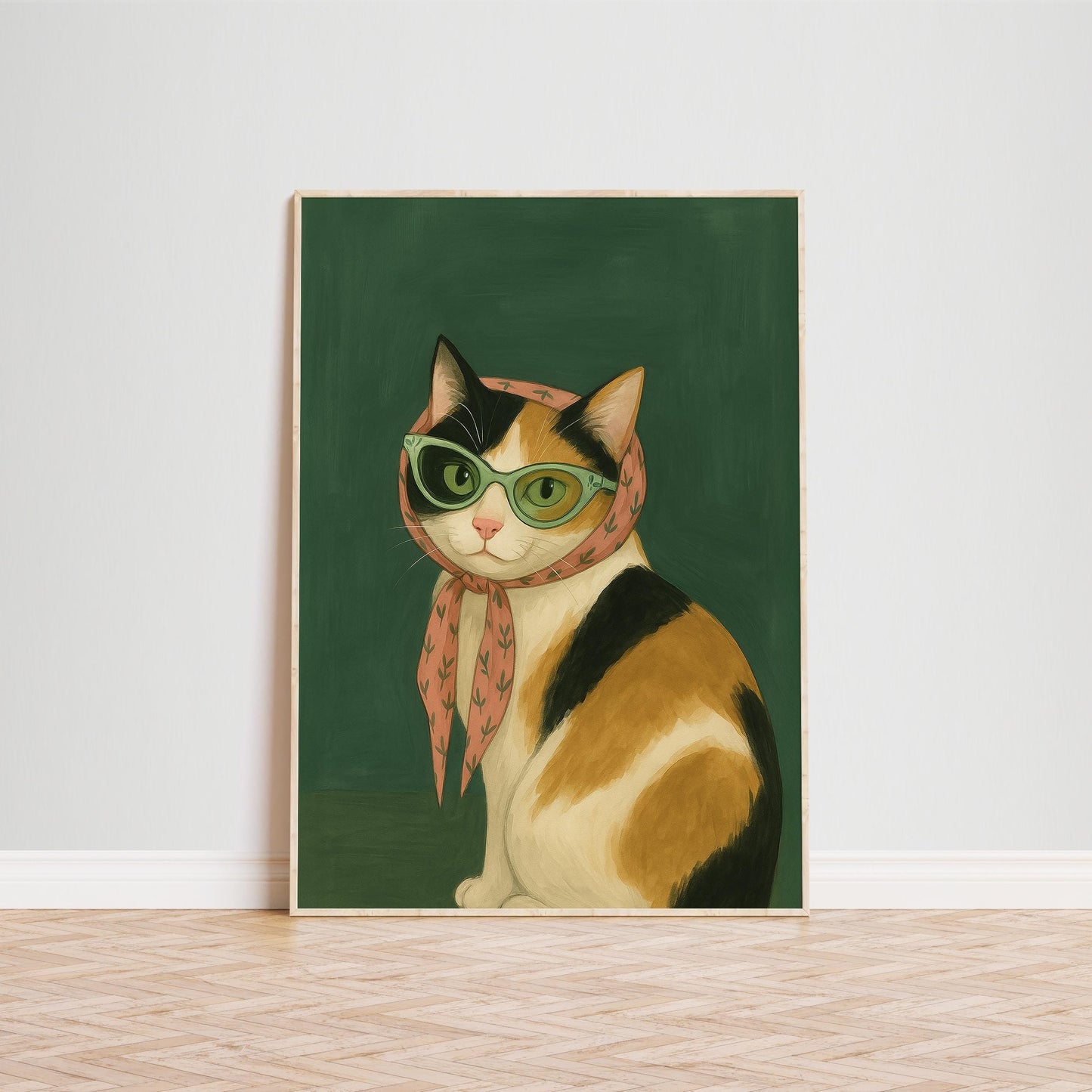 Retro Cat Poster – Vintage Calico Cat Wall Art With Stylish Pink Scarf