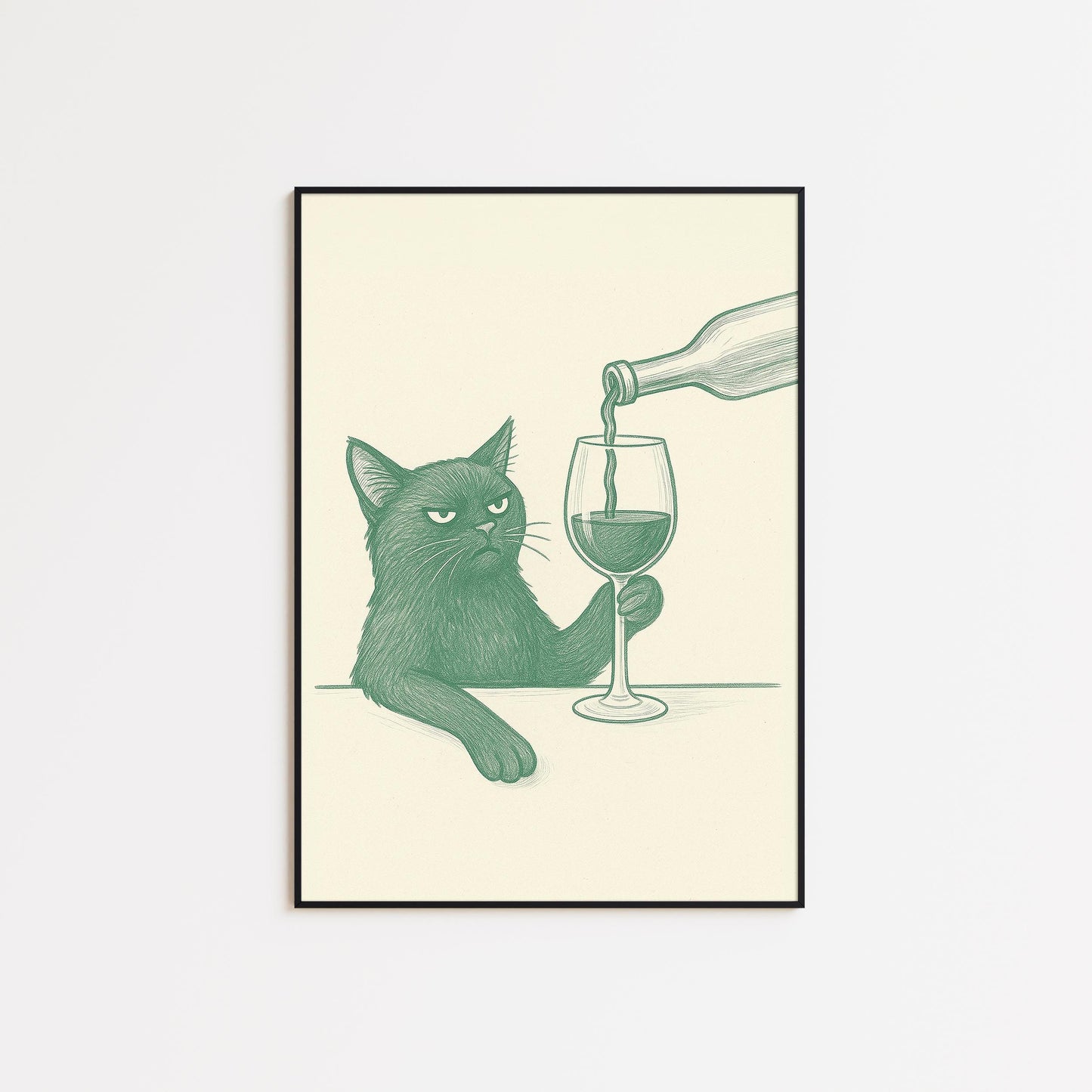 Funny Cat with Wine Print – Minimalist Line Art
