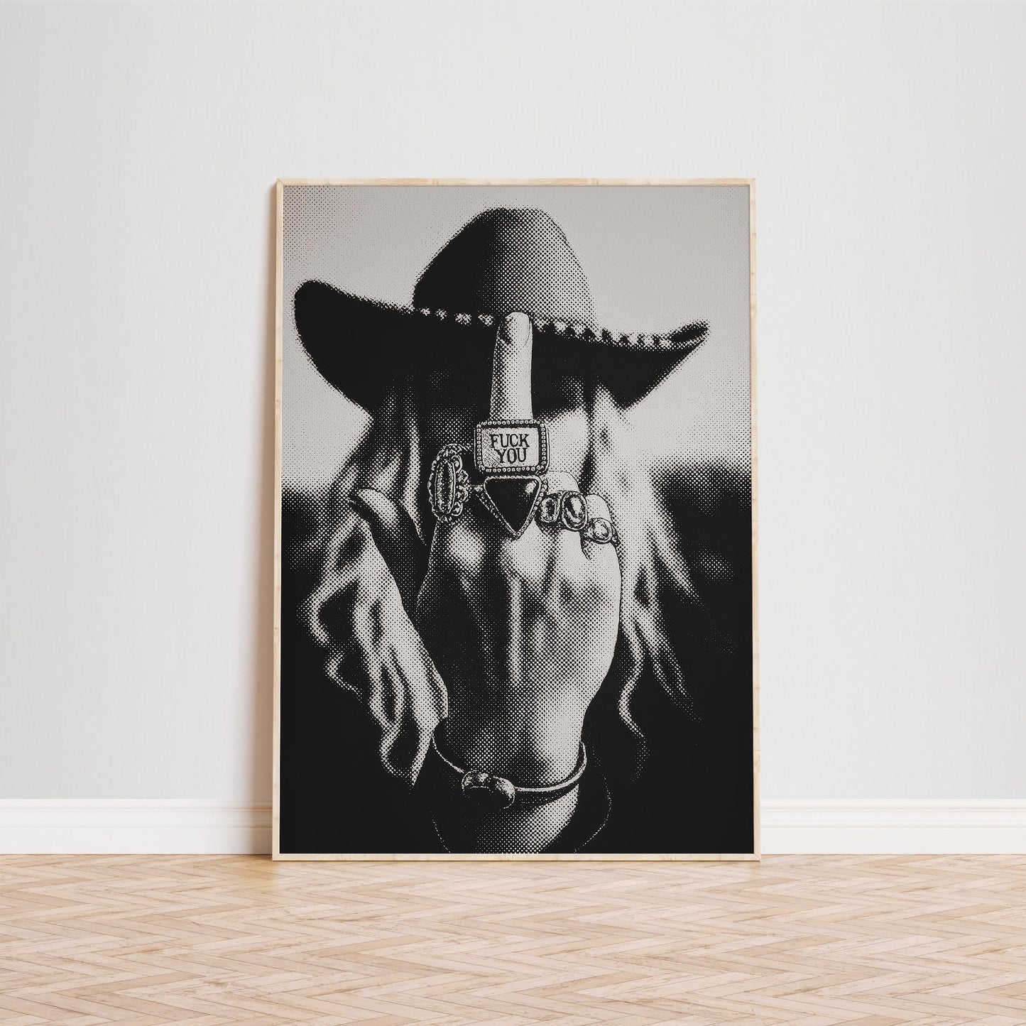 Rebel Cowgirl Finger Poster – Black and White Western Attitude Print