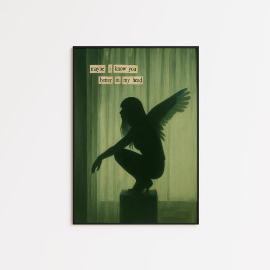 Dark Angel Silhouette Gothic Wall Decor – Moody Green Aesthetic Art Print