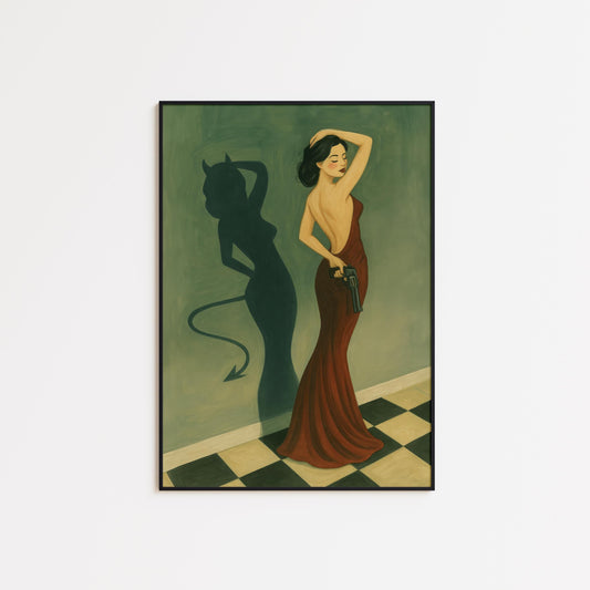 Femme Fatale Wall Art – Red Dress Shadow Art Poster | Noir Inspired Decor