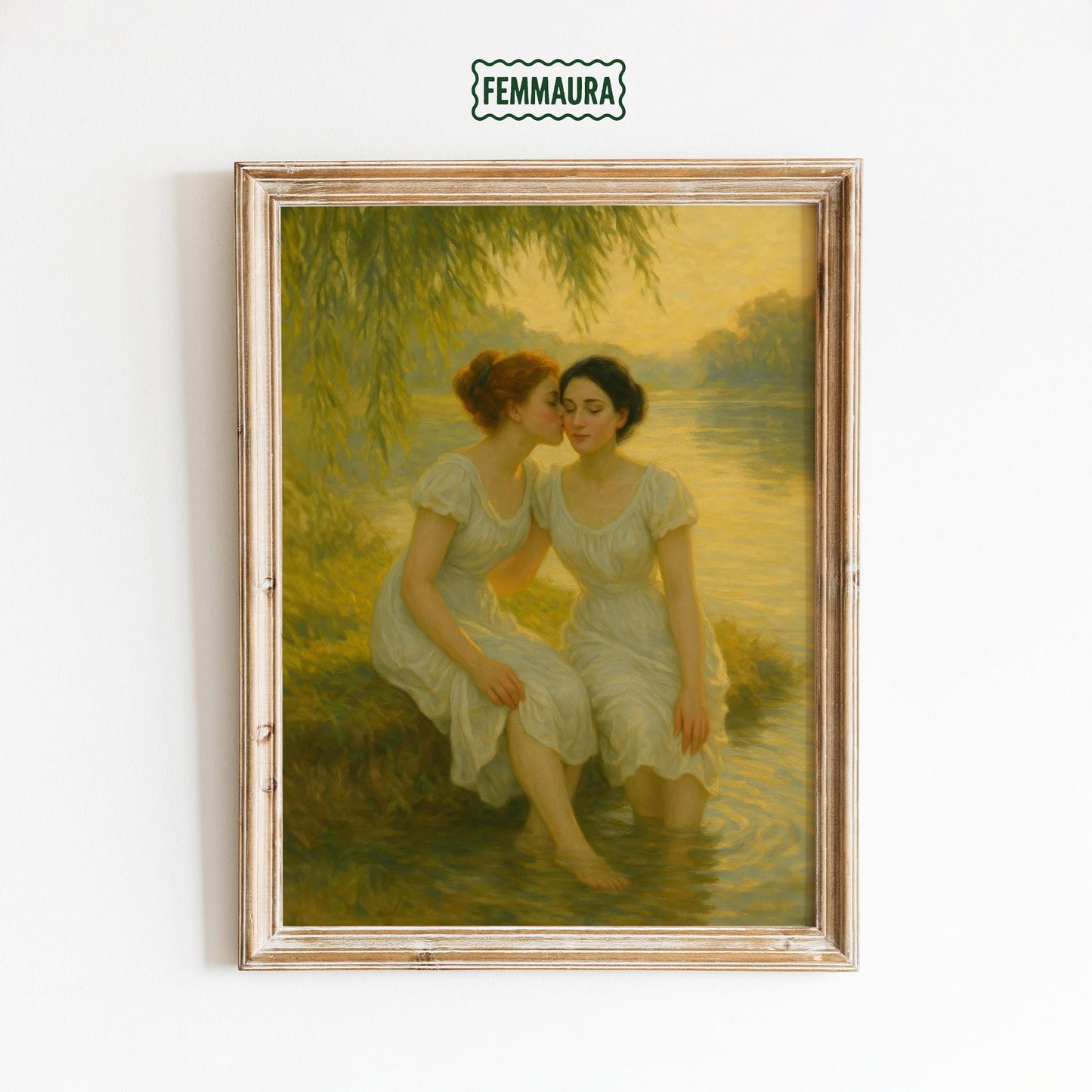 Romantic Sapphic Art – Riverbank Kiss Painting | Lesbian Fine Art Print