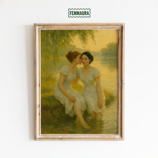 Romantic Sapphic Art – Riverbank Kiss Painting | Lesbian Fine Art Print