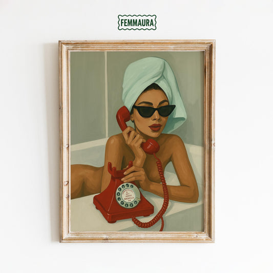 Retro Phone Art Print – Glamorous Woman with Red Rotary Phone Wall Decor