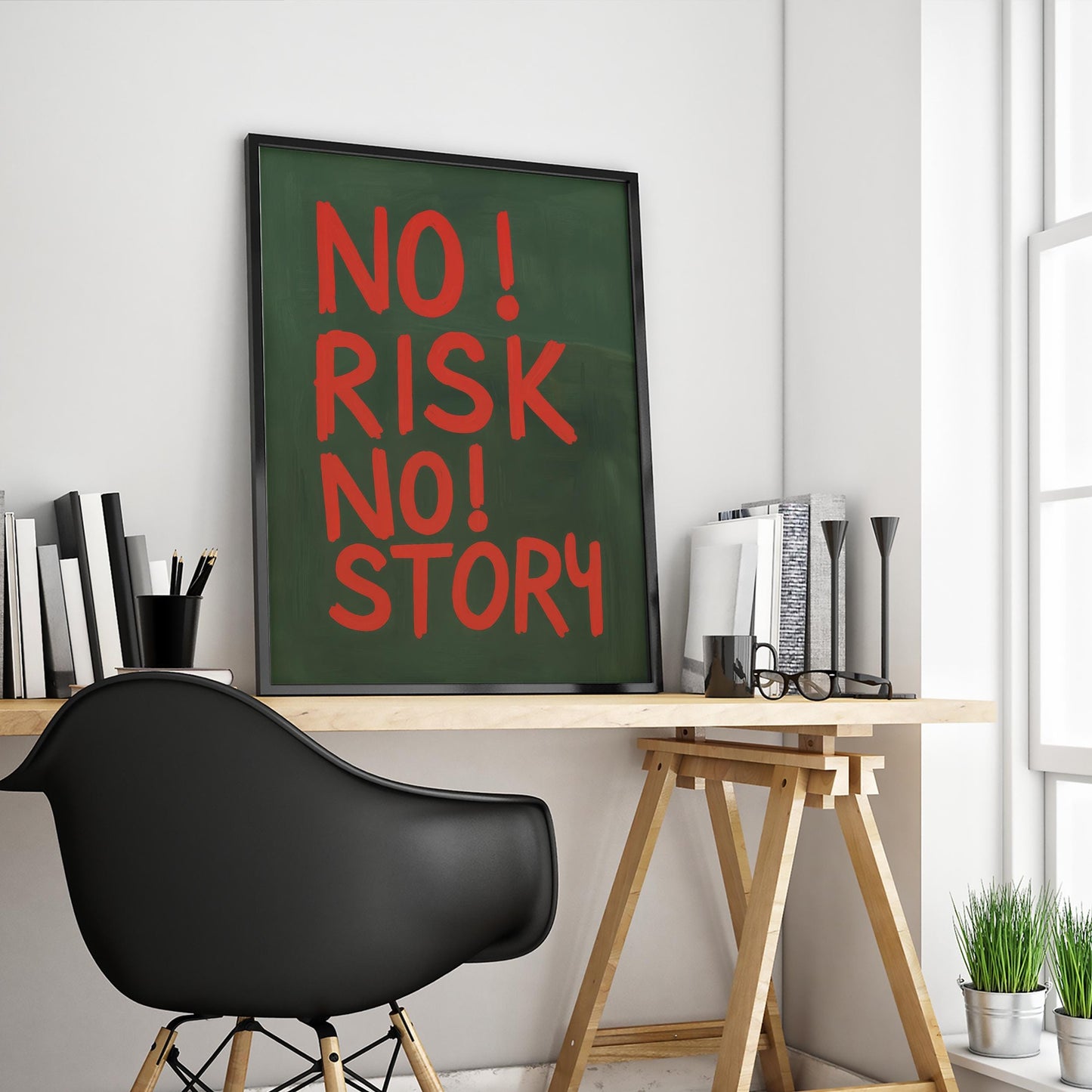 No Risk No Story Poster – Bold Red Retro Typography Wall Art