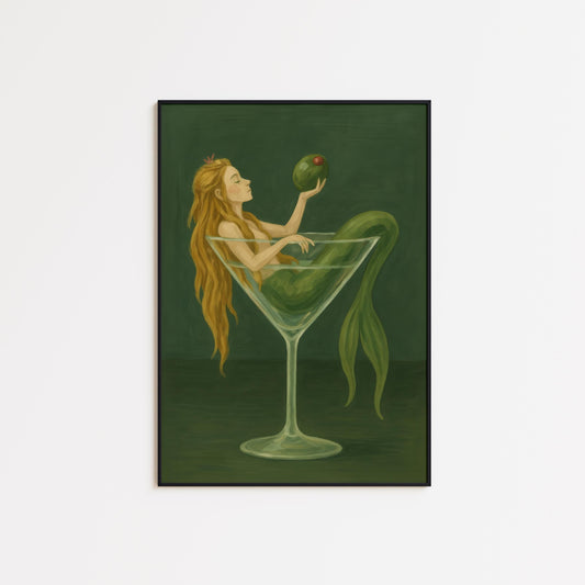 Mermaid Wall Art - Fantasy Cocktail Print in Green Martini Glass for Bar Decor