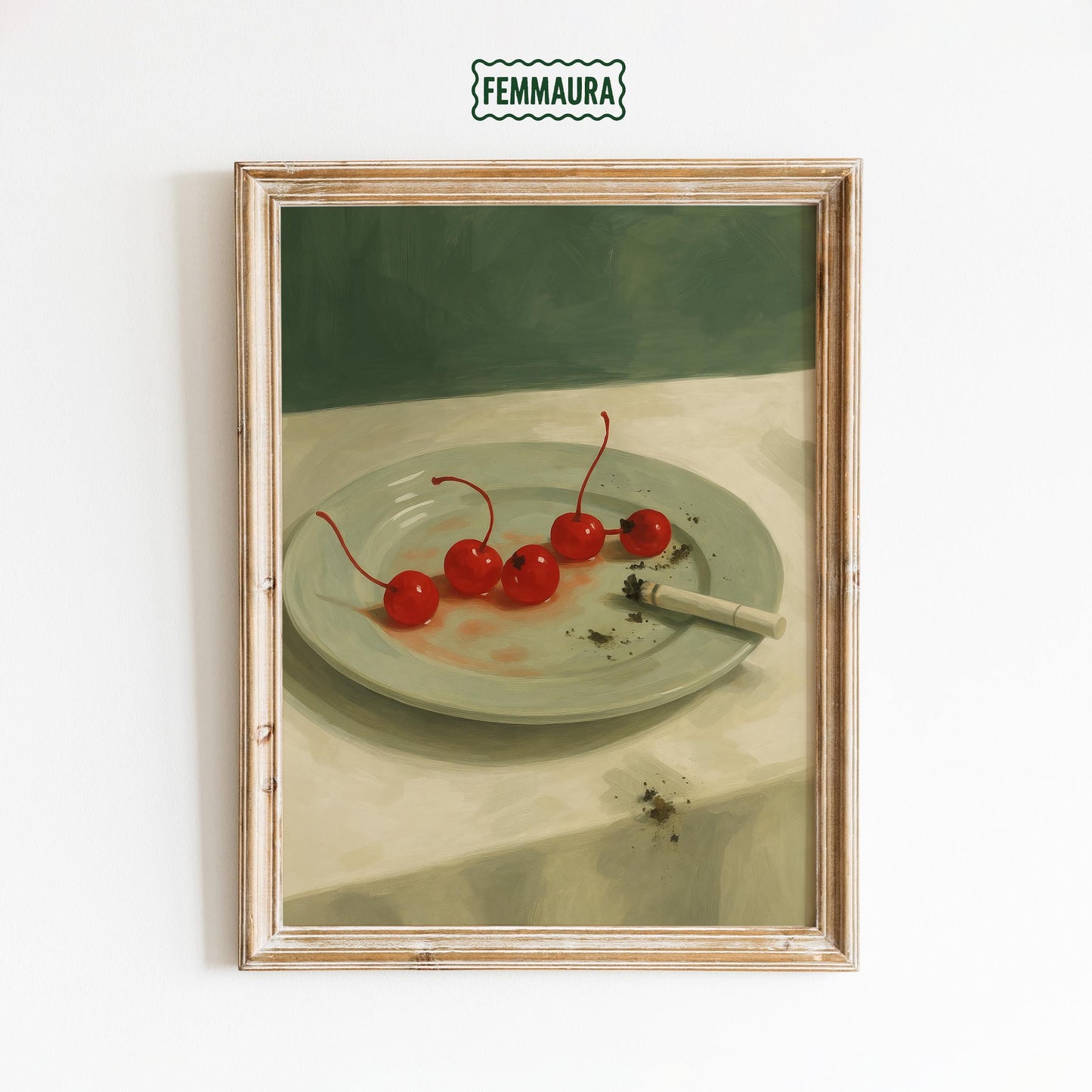 Dark Still Life Art – Retro Wall Artwork With Cherries and Cigarette Print