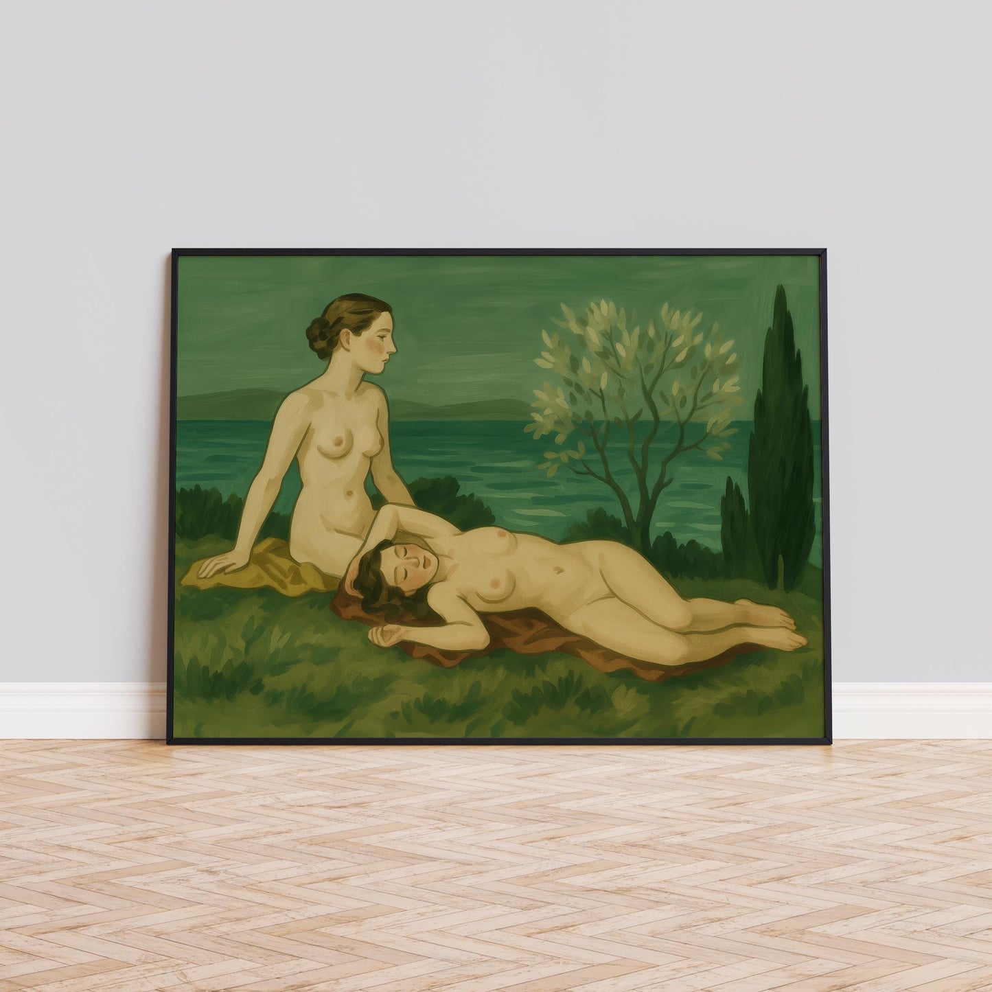 Romantic Feminine Art Print – Nude Women Painting With Soft Green Forest Wall Decor