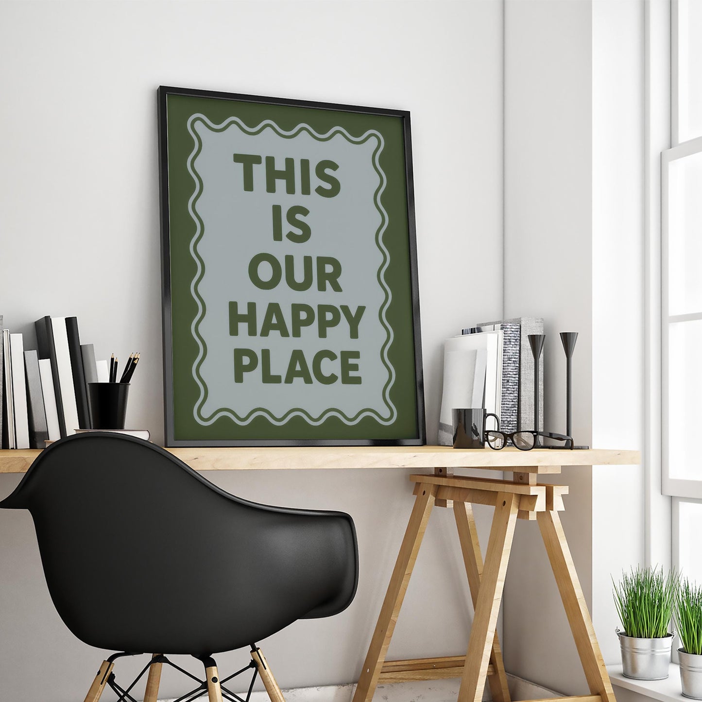 Retro Quote Print – Cozy Happy Place Poster With Wavy Frame Design
