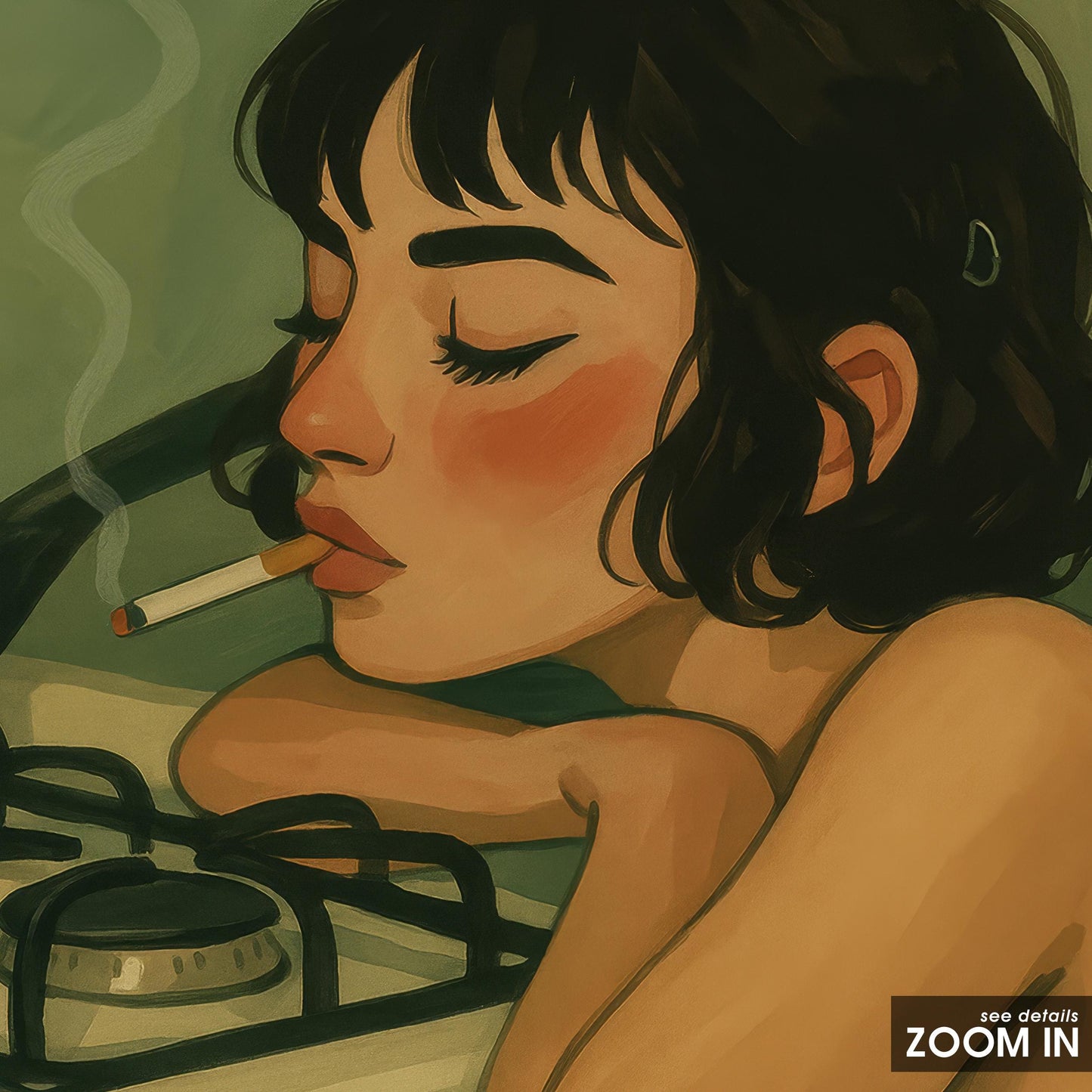 Sad Girl Smoking Poster – Moody Kitchen Art Print | Soft Erotic Feminine Illustration