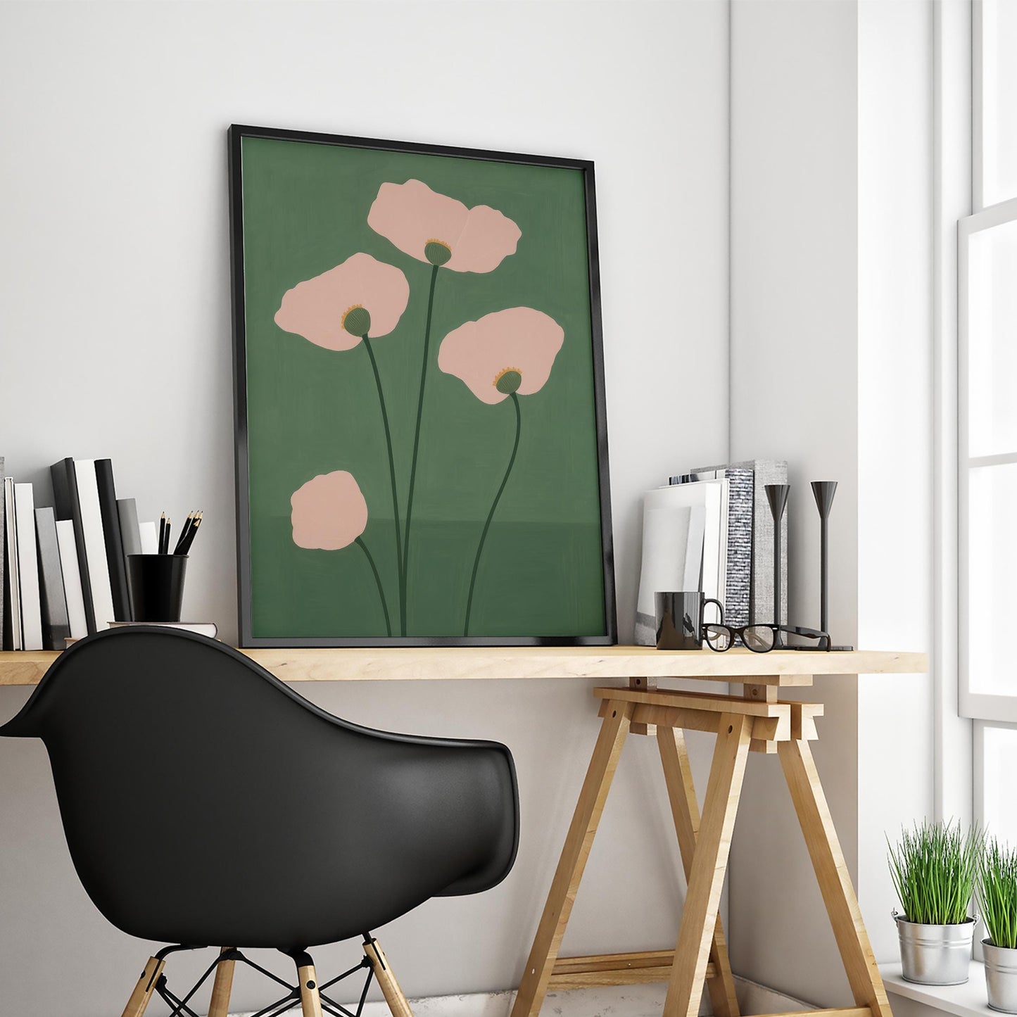 Abstract Poppy Art – Minimal Floral Print With Soft Pink Green Botanical Decor