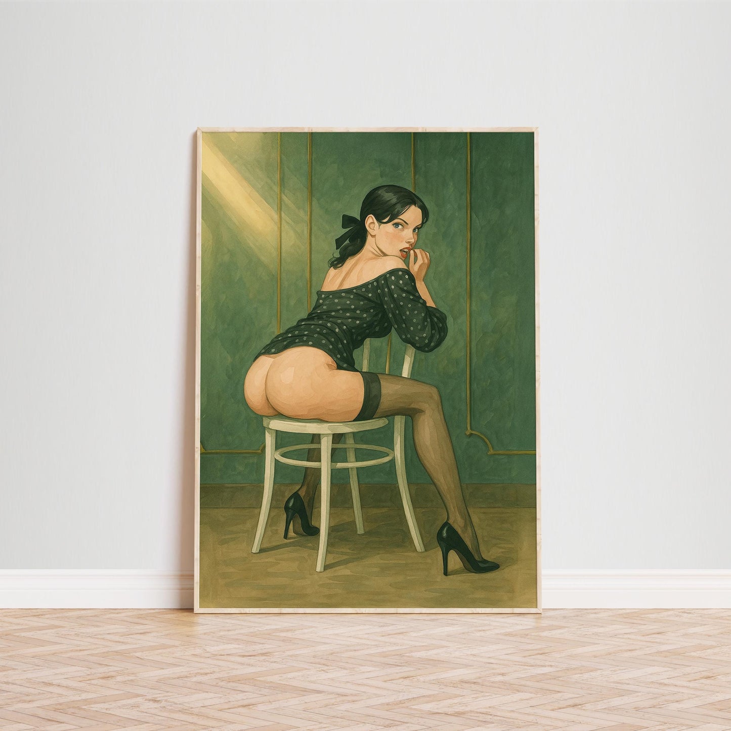 Feminine Pin-Up Art – Vintage Style Print | Green Wall Art & Sensual Woman Poster