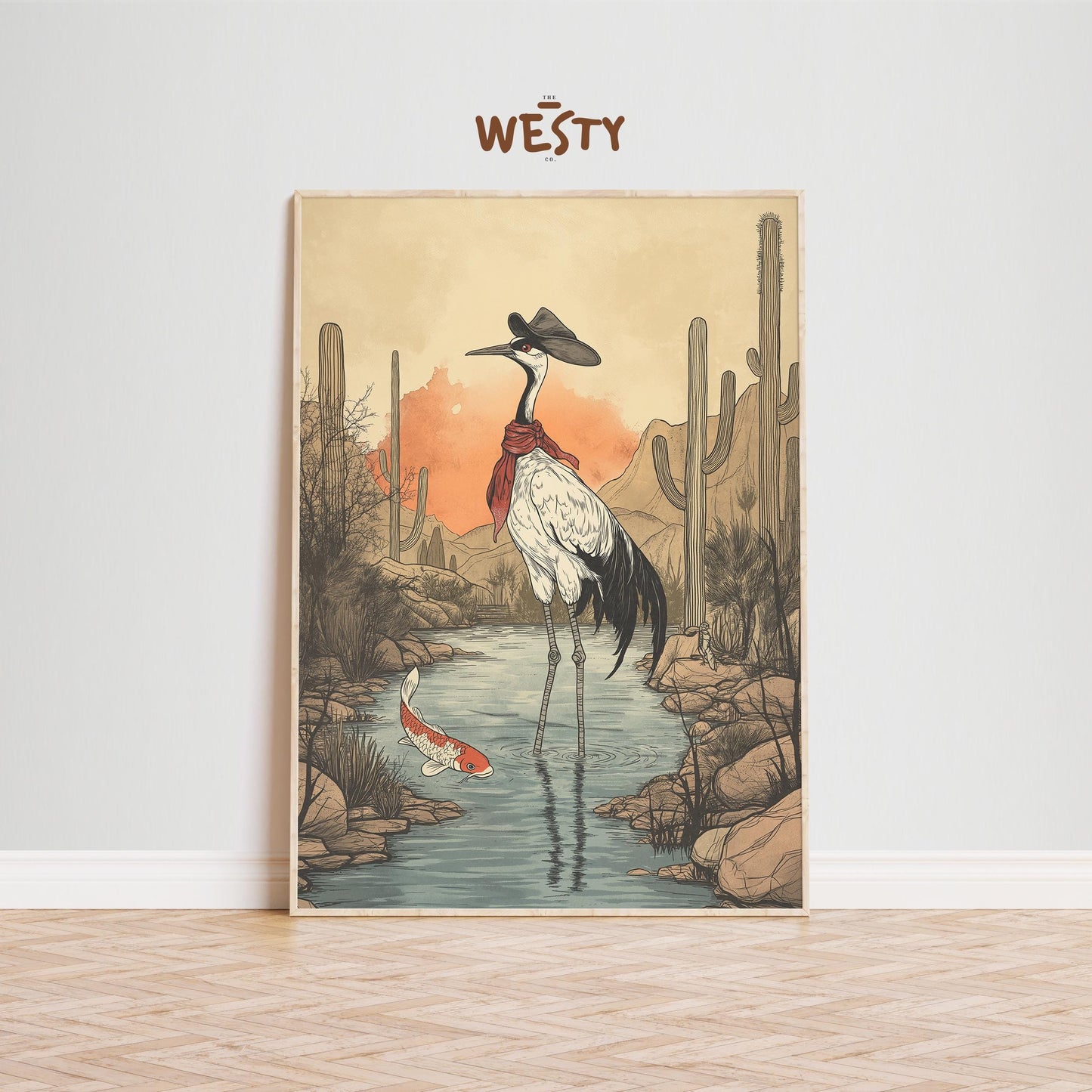Cowboy Crane Poster – East-West Surreal Bird Art in Desert Oasis