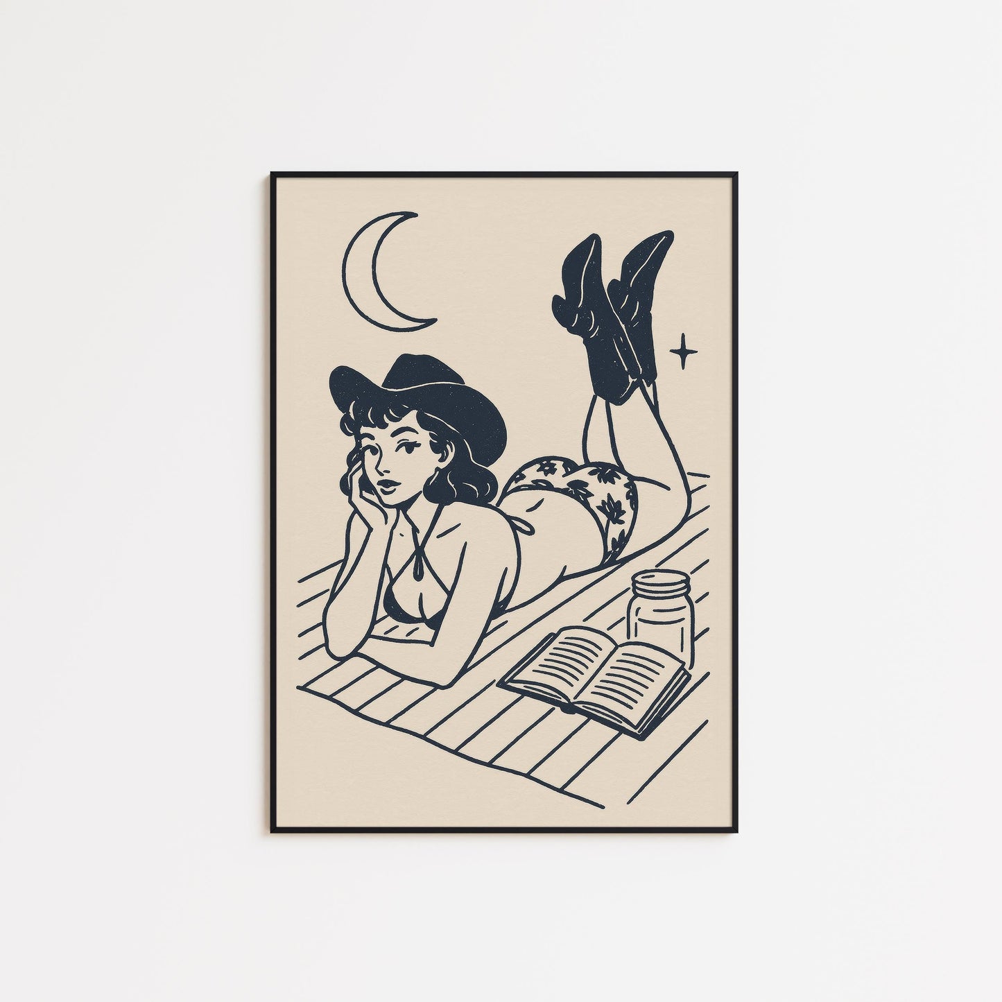 Western Pin-Up Poster – Moonlight Cowgirl Reading Retro Wall Art Print